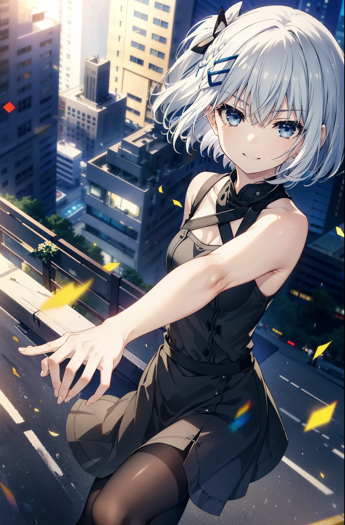 origamitobiichi, Origami Tobiichi Casual, short hair, blue eyes, hair ornaments, Gray Hair, Sleeveless dress,Long skirt,Black Pantyhose,Stiletto heels,happy smile, smile, Open your mouth,Real Summer,Daytime,sunny,Light of the sun,As if your whole body is in the illustration,
break ,
break outdoors, city,construction area, crowd, people々々,
break looking at viewer, 全身
break (masterpiece:1.2), highest quality, High resolution, unity 8k wallpaper, (shape:0.8), (Beautiful details:1.6), Highly detailed face, Perfect lighting, Extremely detailed CG, (Perfect hands, Perfect Anatomy),