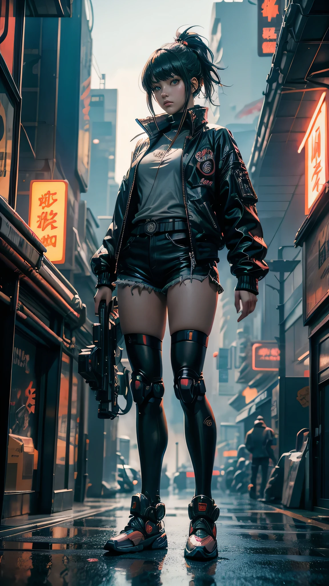 anime girl in short shorts and jacket standing next to giant robot, artwork in the style of guweiz, cyberpunk anime girl mech, trending on cgstation, guweiz, by Russell Dongjun Lu, digital cyberpunk anime art, ross tran 8 k, guweiz on artstation pixiv, girl in mecha cyber armor

