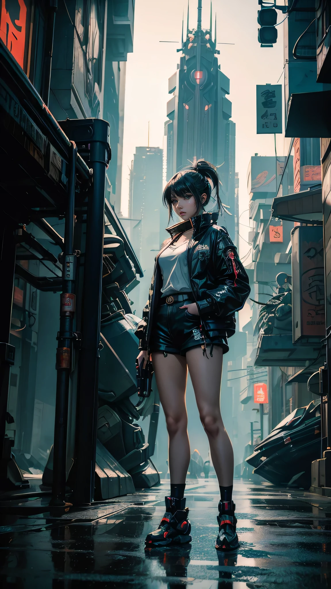 anime girl in short shorts and jacket standing next to giant robot, artwork in the style of guweiz, cyberpunk anime girl mech, trending on cgstation, guweiz, by Russell Dongjun Lu, digital cyberpunk anime art, ross tran 8 k, guweiz on artstation pixiv, girl in mecha cyber armor