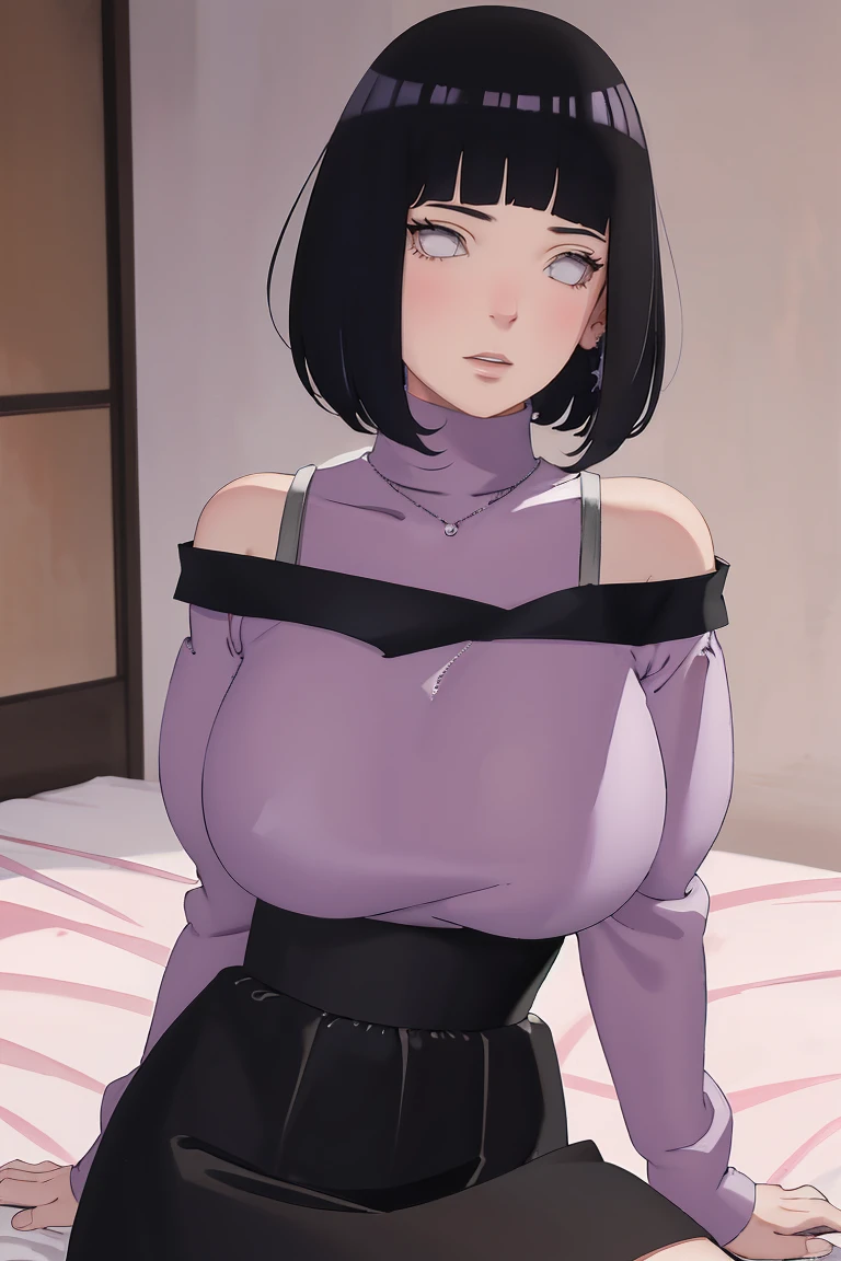 { - anatomy error} (Masterpiece - Ultra-detailed, very high resolution) (huge titusty, masterpiece, absurdres, hinata\(boruto\), 1girl, solo,mature female, off-shoulder bra, high waist black short skirt, looking at viewelling petals), perfect composition, detailed lips, big breast, beautiful face, body propotion, blush, (pink lips), short hair, (black hair), purple eyes, soft gaze, super realistic, detailed, photoshoot, realistic face and body, closed mouth, sitting on the bed , lilac eyes, upper body, lace clothes, backwards, looking back, with chin resting on shoulder, perfect fingers