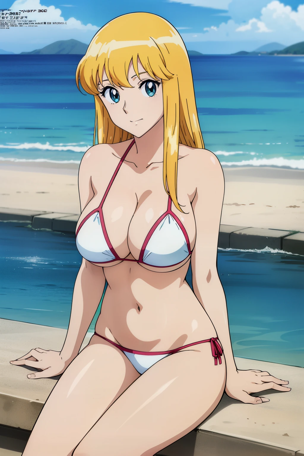 (anime cels style, Masterpiece, best quality, high resolution, anime colored, megami magazine:1.2, anime poster style, anime keyvisual, sharp, 8k, photorealistic), (beautiful eyes:1.5), reiko_aiwaifu, 1woman, milf, blond hair, long hair, (sagging huge breast), micro bikini, cleavage, (upper body:1.5, sitting), (perfect detailed anatomy, perfect arms, perfect fingers, beautiful face, perfect body, shiny skin), beach, 