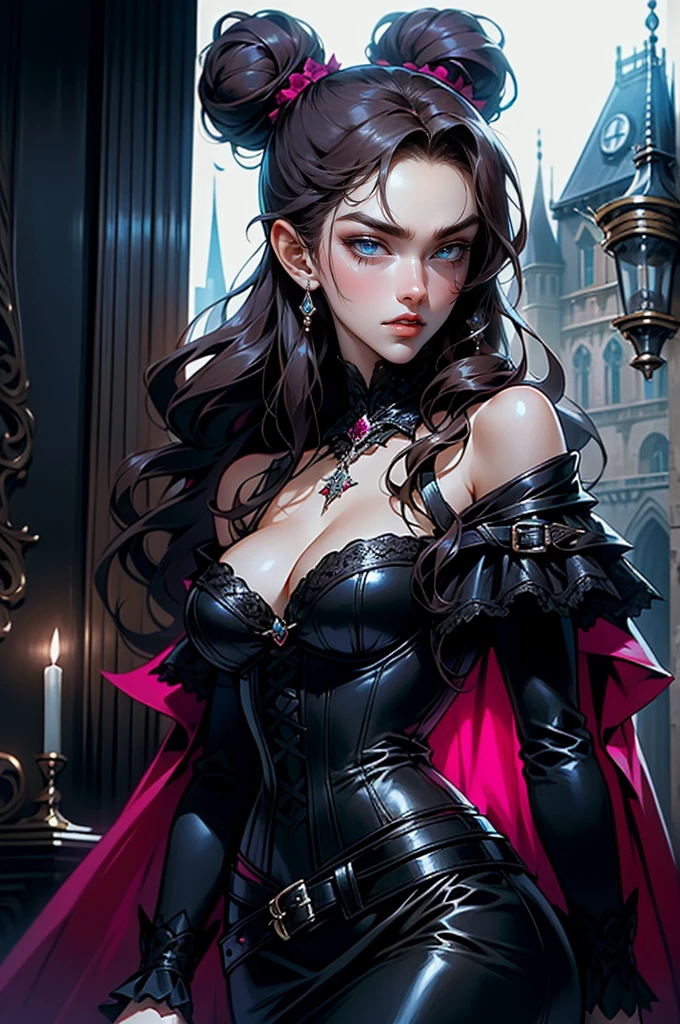 (masterpiece, top quality, best quality, official art, beautiful and aesthetic: 1.2), (1 woman: 1.3), long curly dark brown hair, ((fancy bun)), Victorian style, Victorian classic, extremely detailed, portrait, looking at the viewer, solo, (full body: 0.6), detailed background, close-up, mischievous eyes, (cold midnight castle theme: 1.1), vampire, long fangs, blood on chin, huge lips, charlatan, mischievous smile, mysterious, being seductive on the balcony, revealing gothic dress, extremely tight bodice, black costume, magenta skirts, off-the-shoulder, long sleeves, loose sleeves, black leather , cape, corset, black dress, fishnets, black high boots, buckles, straps, bags, glowing blood magic energy, dark magenta fabric, silver trim, black leather, extremely slim, slim waist, slim hips, medieval background (gothic castle exterior: 1.1), nocturnal, dark and mysterious lighting, shadows, magical atmosphere, Dancing lightly. backwadrs, Looking back. Very sexy, with chin resting on shoulder, abigail larson art style, perfect fingers