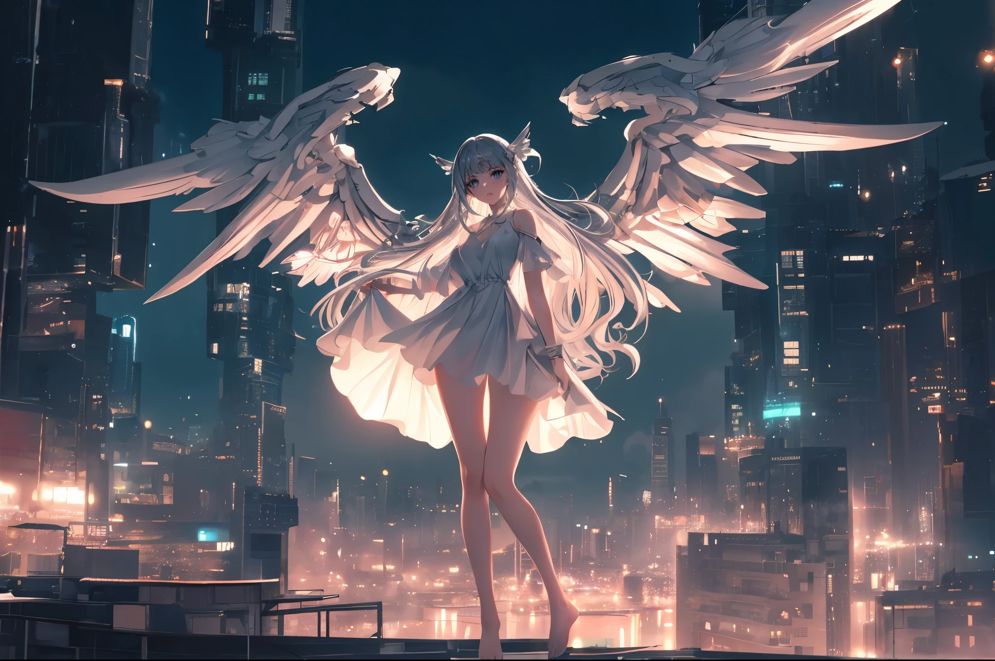 1girl, solo, long hair, breasts, looking at viewer, bangs, blue eyes, dress, bare shoulders, very long hair, standing, full body, white hair, outdoors, wings, sky, barefoot, white dress, bare legs, night, floating hair, building, night sky, city, skirt hold, white wings, cityscape, skyscraper