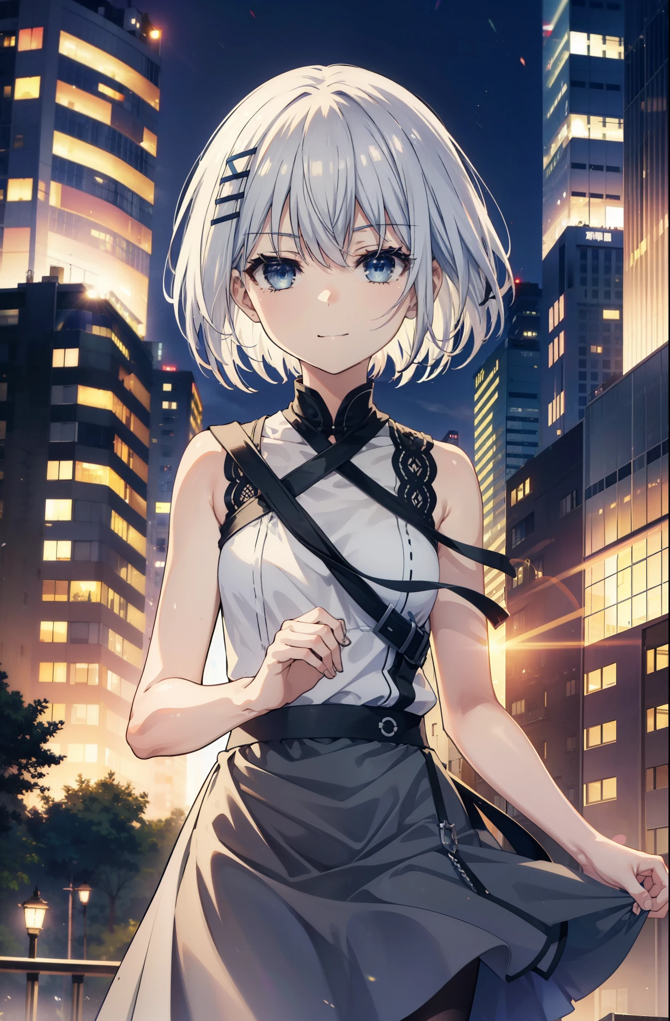 origamitobiichi, Origami Tobiichi Casual, short hair, blue eyes, hair ornaments, Gray Hair, Sleeveless dress,Long skirt,Black Pantyhose,Stiletto heels,happy smile, smile, Open your mouth,Real Summer,Daytime,sunny,Light of the sun,As if your whole body is in the illustration,
break ,
break outdoors, city,construction area, crowd, people々々,
break looking at viewer, 全身
break (masterpiece:1.2), highest quality, High resolution, unity 8k wallpaper, (shape:0.8), (Beautiful details:1.6), Highly detailed face, Perfect lighting, Extremely detailed CG, (Perfect hands, Perfect Anatomy),