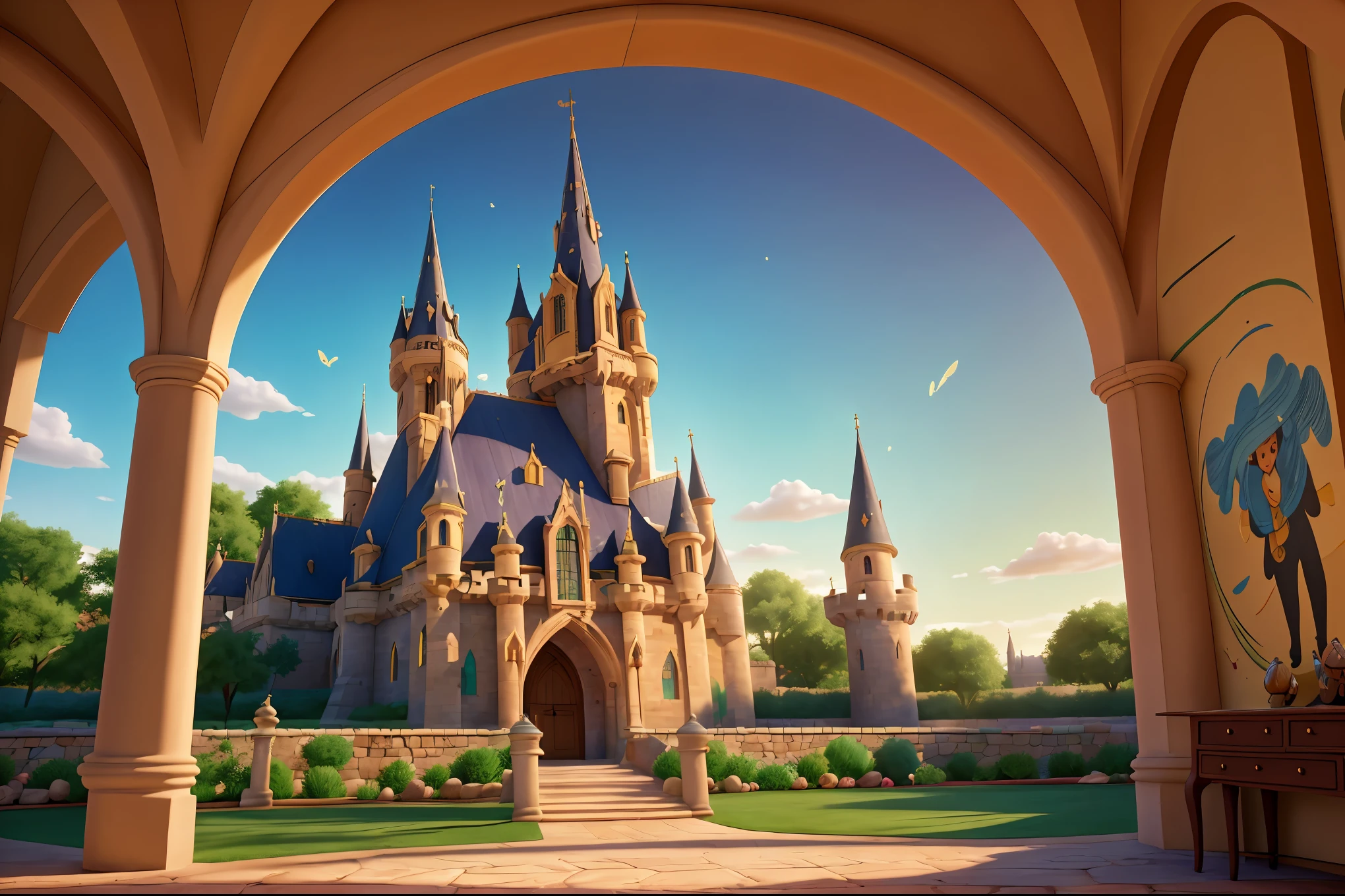 (best quality,4k,8k,highres,masterpiece:1.2),ultra-detailed,(realistic,photorealistic,photo-realistic:1.37),castle,dream-like,floating,magic,ancient,mysterious,rich details,grand,exquisite,soft lighting,vibrant colors,dreamy atmosphere,castle spires,stone texture,enchanting garden surrounding with unicorn and fairy, luxurious interior of the castle, intricate murals, dreamy light passing through stained glass windows