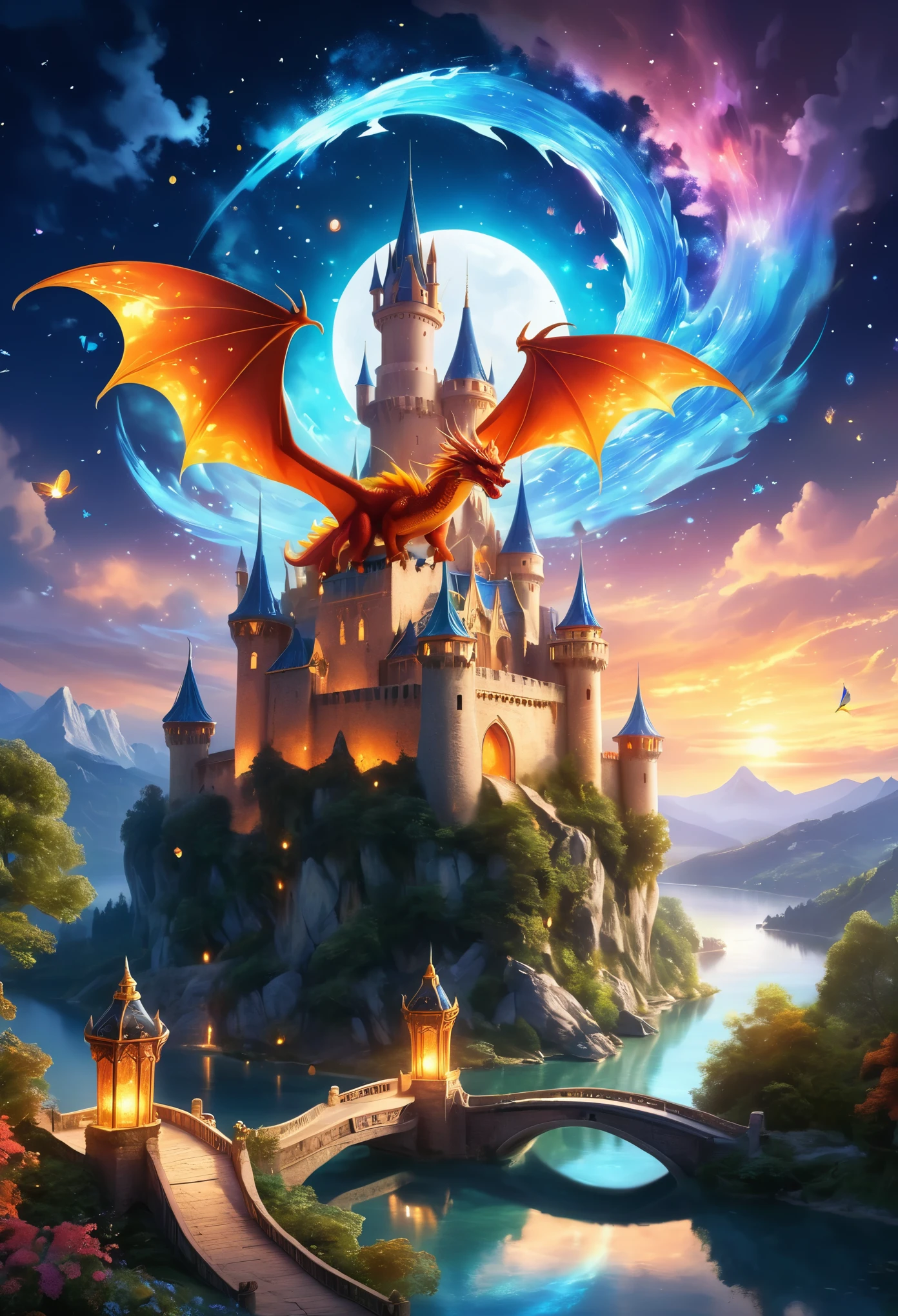 Millefiori glass style,(best quality,4k,highres,ultra-detailed,masterpiece:1.2),dreamy castle,fierce dragon,ethereal atmosphere,enchanted forest,floating islands,majestic architecture,golden sunset,crystal clear lake,magical elements,mythical creatures,playful fairies,glowing moonlight,whimsical clouds,sparkling stars,fairy tale scene,impressive scale,enchanted skies,colorful fireworks,mystical aura,ancient ruins,captivating view,elaborate details,dragon's fiery breath,awe-inspiring wings,castle turrets,twinkling lanterns,floating bridges,magic spells,secret passages,hidden treasures,royal ambiance,medieval fantasy setting,dramatic lighting,imposing presence,majestic Dragon (dragon), fantastical creatures,enchanted tapestries,ornate decorations,spellbinding beauty,mesmerizing landscape,mythical legends,fantasy adventure,whispering winds.