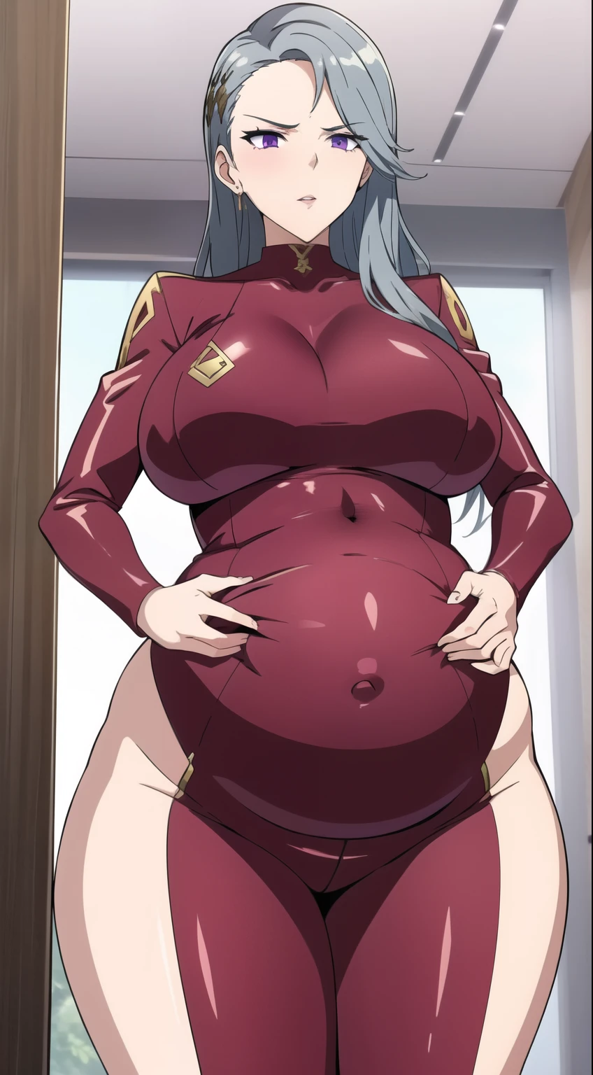 masterpiece, 1 girl, alone, Shortcuts, , Niijima Sae (Person 5)、Big Breasts, Mature Woman, Glare,Sharp eyes, Silver Hair、Lilac eyes, Gold latex suit,Pose standing thigh sex,Thick thighs, View from below,（During pregnancy）