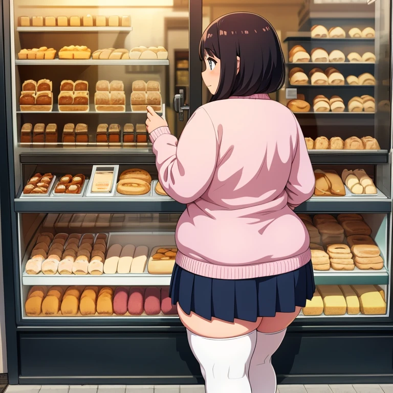 Solo female, chubby woman, plump,wide hips, standing on sidewalk, looking through bakery window, storefront, sweater, skirt, purse, thigh high socks, back to viewer
