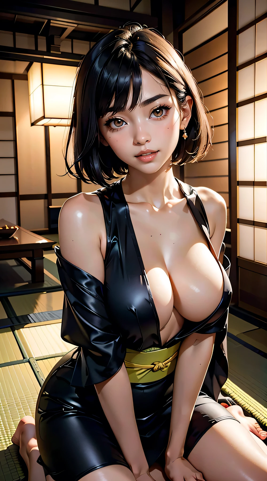(highest quality, 8k, 32k, masterpiece, Ultra-high resolution:1.2),Beautiful Japanese Women Photos, Black-haired, Very short bob hair,Beautiful Face,(Leaning forward:1.3),Squat,Realistic, (1 Ultimate beauty), Highly detailed face, (Perfect Teeth), Fine grain, double eyelid, eyelash, Grin, Lip details, Brunette Bob, , light makeup, Japanese-style room in a ryokan,Innkeeper'Work,Welcome customers,Beautiful clavicle,