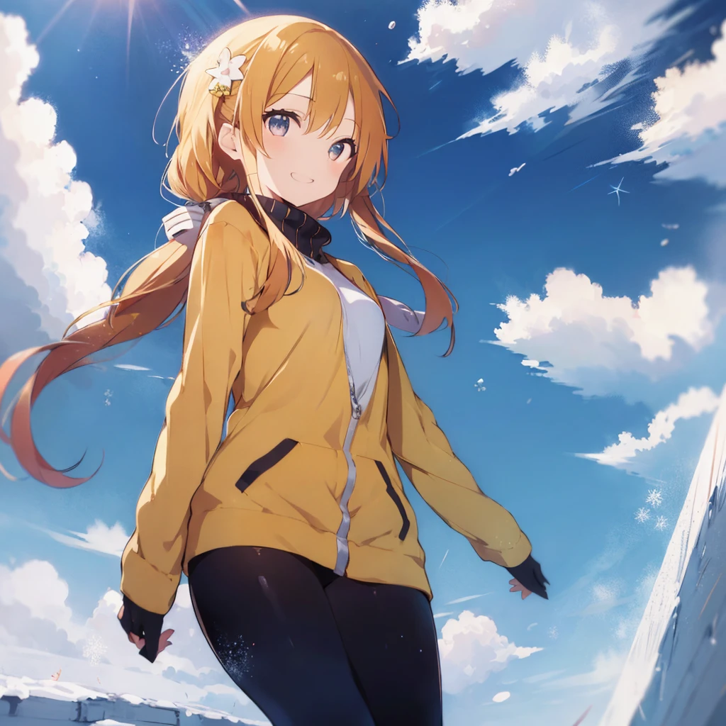 masutepiece, Best Quality, 8K_Wallpaper, (Beautiful eyes), ((of the people around2Glide twice as fast)), Cute, (Yellow Wear、Outerwear is blue、Red pants),1girl in,,1 、Smile,()、(((Glide from the summit)))、Ski resort on a sunny day、snow board、(((A girl is snowboarding down a slope)))(((Wear a snowboard)))、