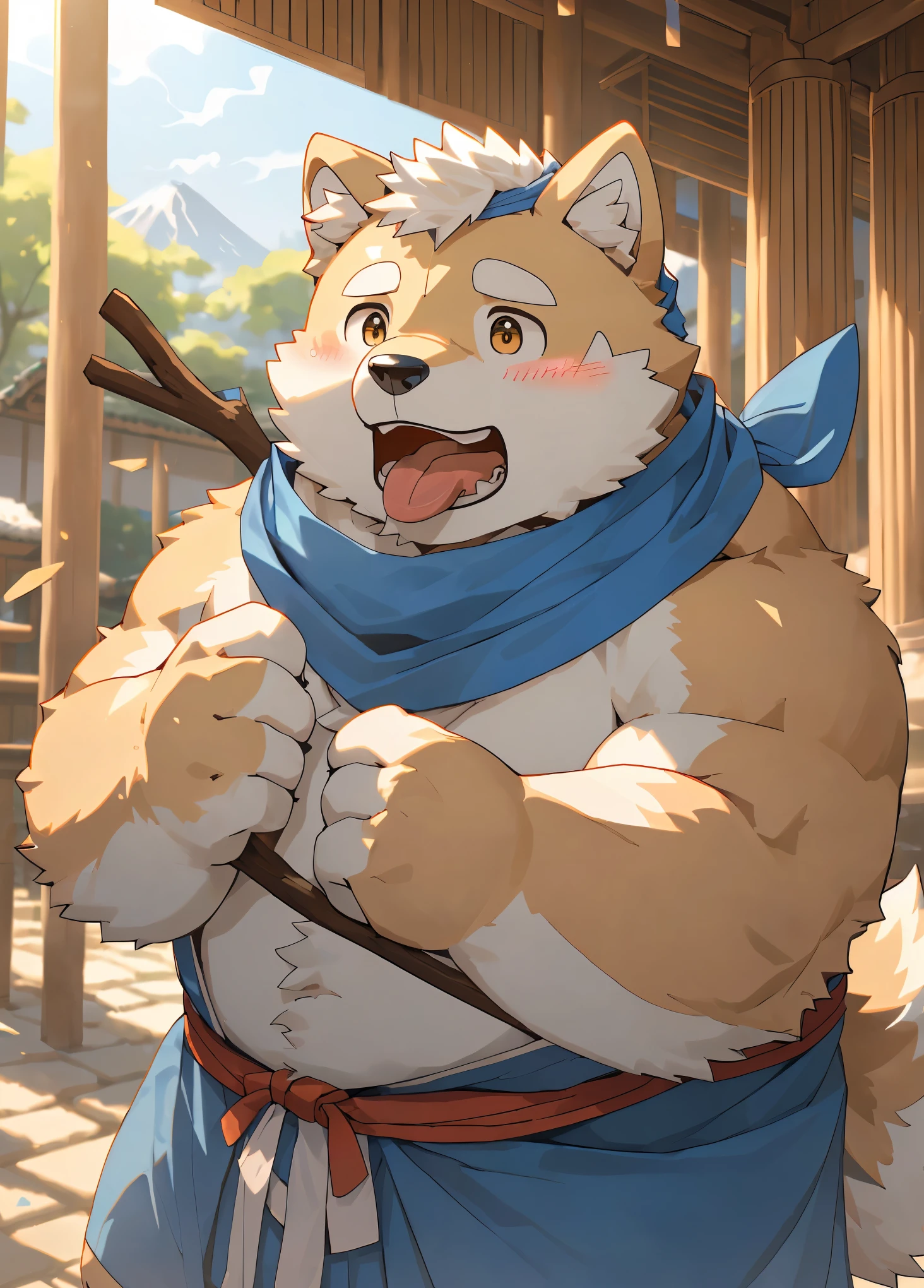 (masterpiece)，(Very detailed)，(best quality)，hairy，Shiba Inu，fur，white hair，Gray pupil，(Japan samurai attire)，((blue scarf))，((Brown headscarf))，((Stick out your tongue and gasp))，(blush:1.1)，((Cute expression))，Temple Background，8k，(high quality)，(Ultra HD)，(Super detailed)