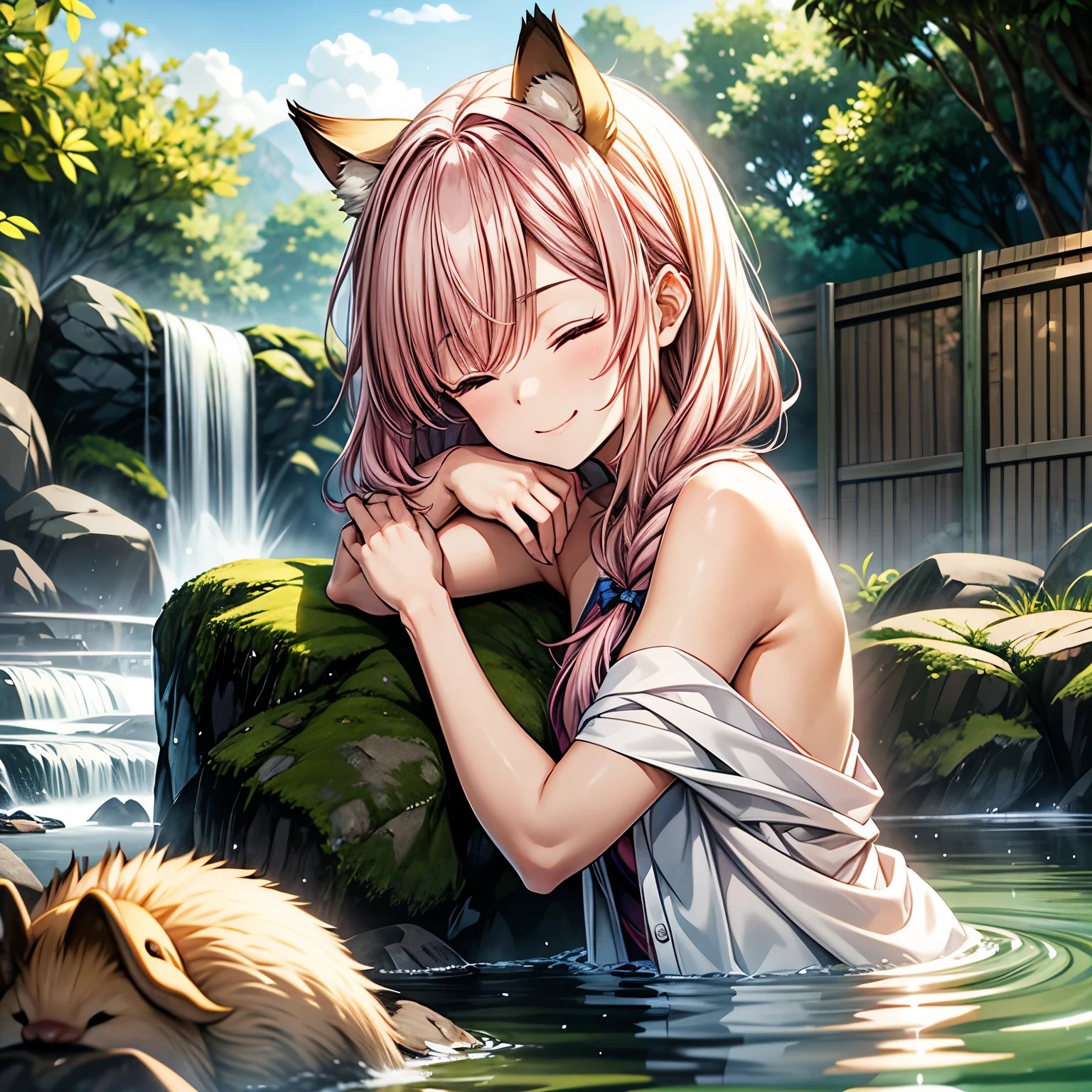 One girl、、hot spring、Open-air bath、He has his chin resting on his arm and looks happy.、Eyes closed、Putting a towel on your head、Animal ears、Bokeh、Steam is rising、Next to me, a capybara is taking a bath.、Anime Style、Viewed from the front、Pink Hair、Shortcuts、