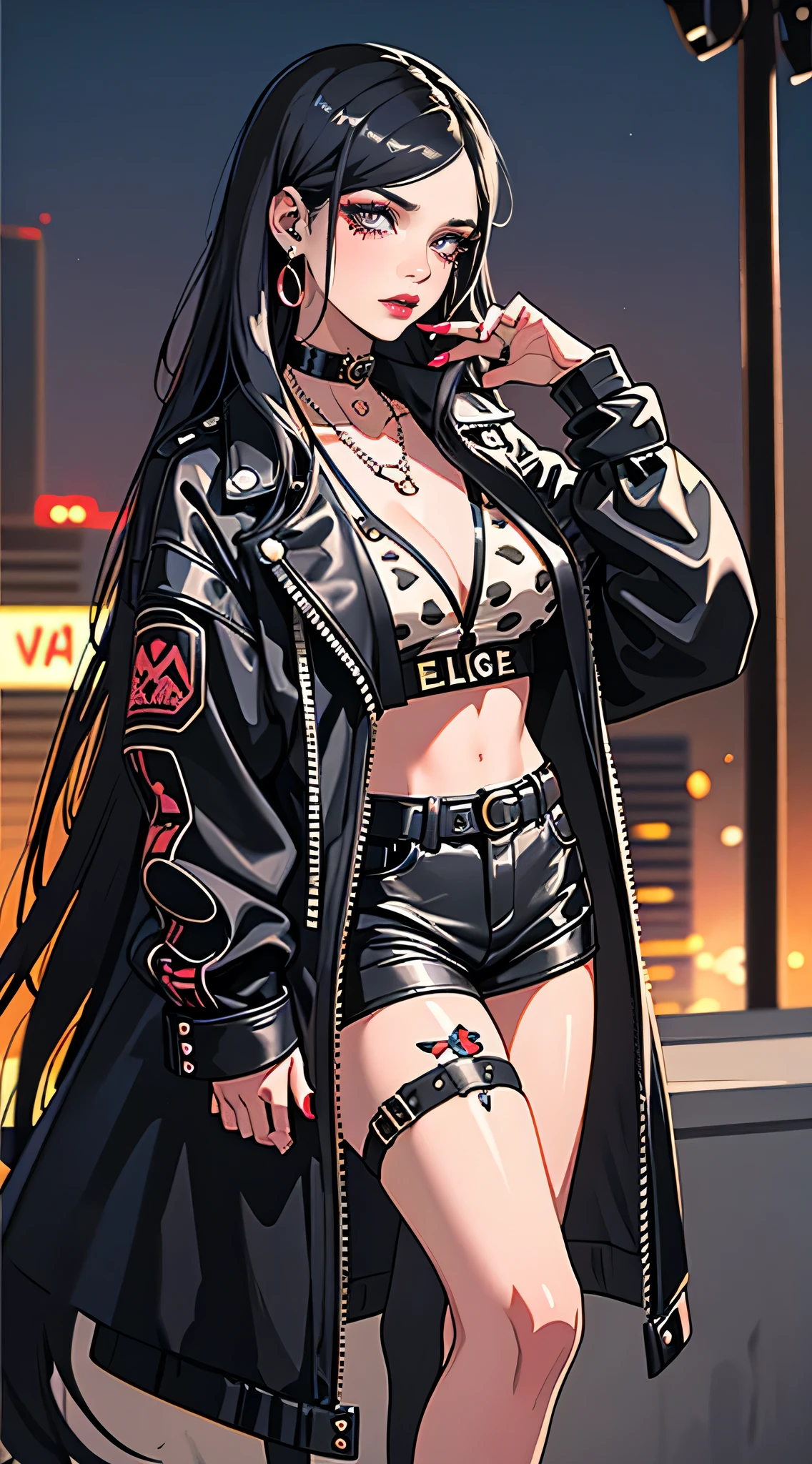Bad Girl, toilet sandals, Leopard print coat, whole body, detailed,long-haired girl,red lipstick,badass attitude,hazy atmosphere,neon lights,cityscape,tattoos,low-angle shot,grungy aesthetic,messy hair,smokey eye makeup,piercings,cool poses,edgy fashion,vintage film look