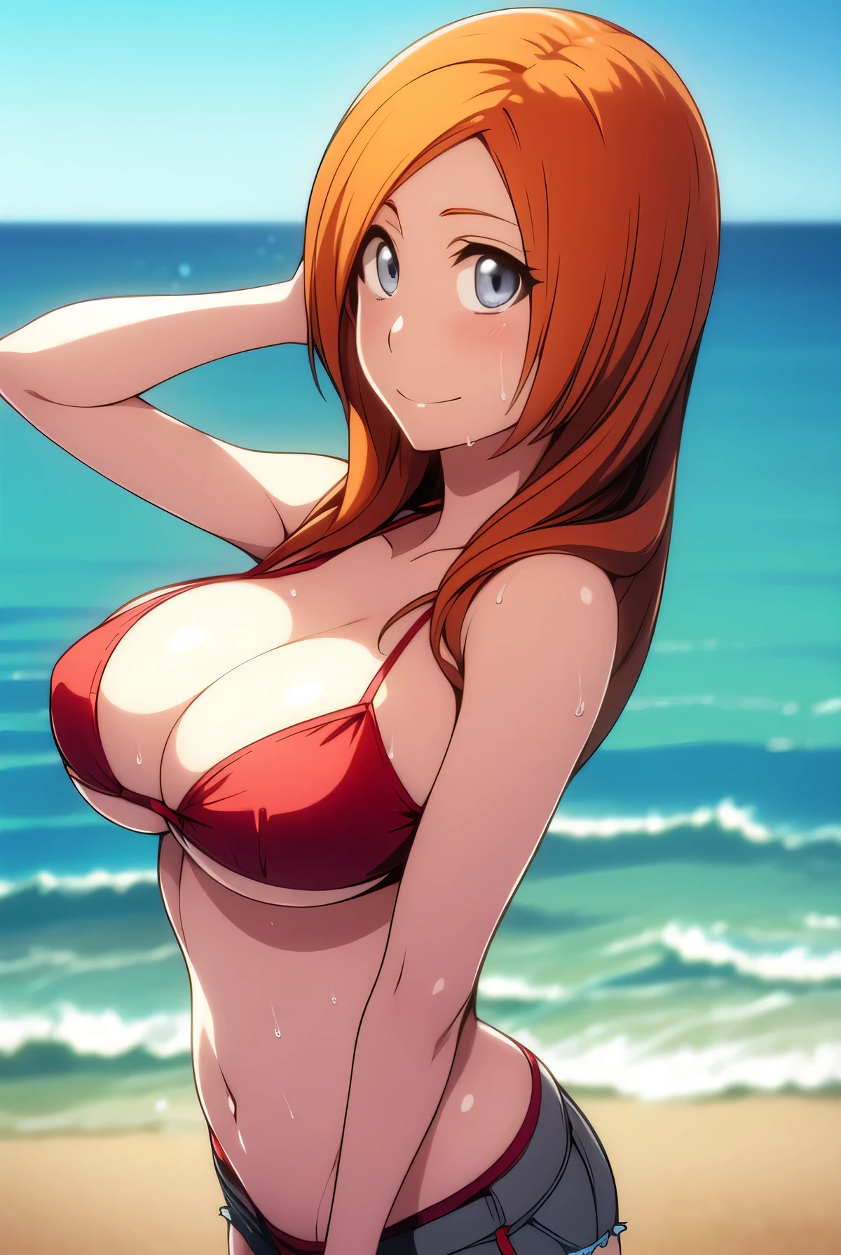 inoueorihime, inoue orihime, long hair, orange hair, (grey eyes:1.5),
BREAK looking at viewer, full body,
BREAK (masterpiece:1.2), best quality, high resolution, unity 8k wallpaper, (illustration:0.8), (beautiful detailed eyes:1.6), extremely detailed face, perfect lighting, extremely detailed CG, (perfect hands, perfect anatomy), ocean scenery, beach, mini shorts, low waist shorts, unzipped shorts, panty line showing, red bikini top, bikini top, bikini, bare shoulders, slim stomach, cleavage, wet, flirty smile, blushing (big tits) big breasts, standing in water, cute smile, looking at viewer, full frame, body in frame, in frame