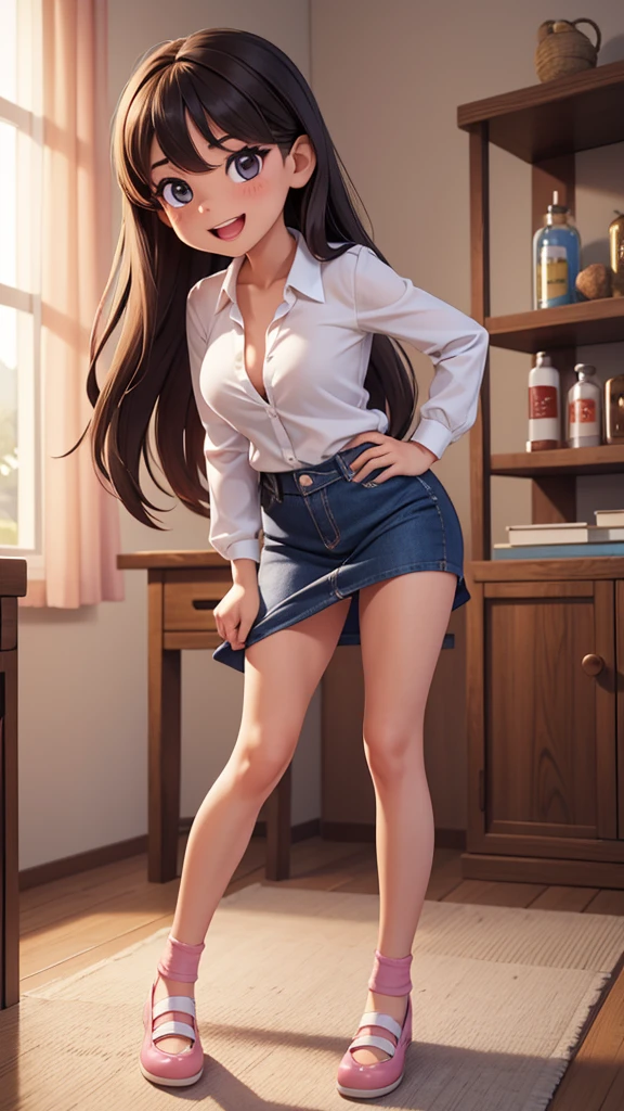 Ultra realistic , girl, obra maestra, mejor calidad, alta calidad, defined, detailed, HD, (piel morena), ojos definidos, ojos cafes intensos, long eyelashes, small mouth, sonrisa, :D, very long hair, pelo liso, pelo oscuro, cuerpo reducido, bosom barely contained, big breasts, sexy, posando foto, estudio, mini skirt rosa, sin sostenes, no bra, excitada, pezones erectos, libros, sentada, leyendo, nice view, full body, nice body, pink, camisa blanca, camisa ajustada, abierto, mojada, sudada, caliente, tight, sonrojada, nice legs, no socks, sin flequillo, peinada hacia atras, beso a la camara