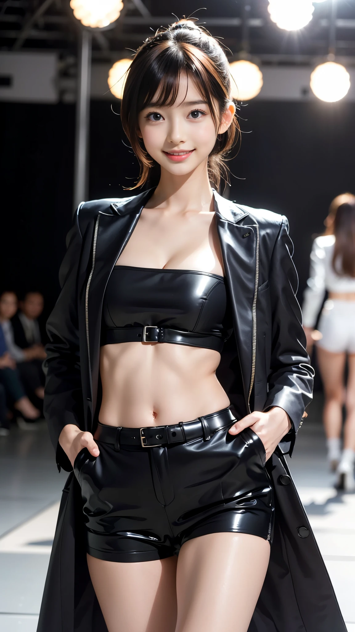((Walking the runway at a fashion show)), (14 year old beautiful girl:1.2), (Baby Face:1.3), (((whole body))), (Slender body line), ((Abundant beautiful breasts)), Fascinating Cleavage, Small and slender figure, (Tight waist:1.3), ((Elegant open long coat)), (White hot pants:1.2), (((Unconventional Fashion))), (High Ponytail), (Parting the bangs:1.2), (Symmetrical long side bangs:1.4), (Detailed hand:1.3), (Anatomically correct small hands:1.3), (Detailed eyes and face:1.2), (Natural Lip Gloss:1.3), (high nose:1.3), Smile,