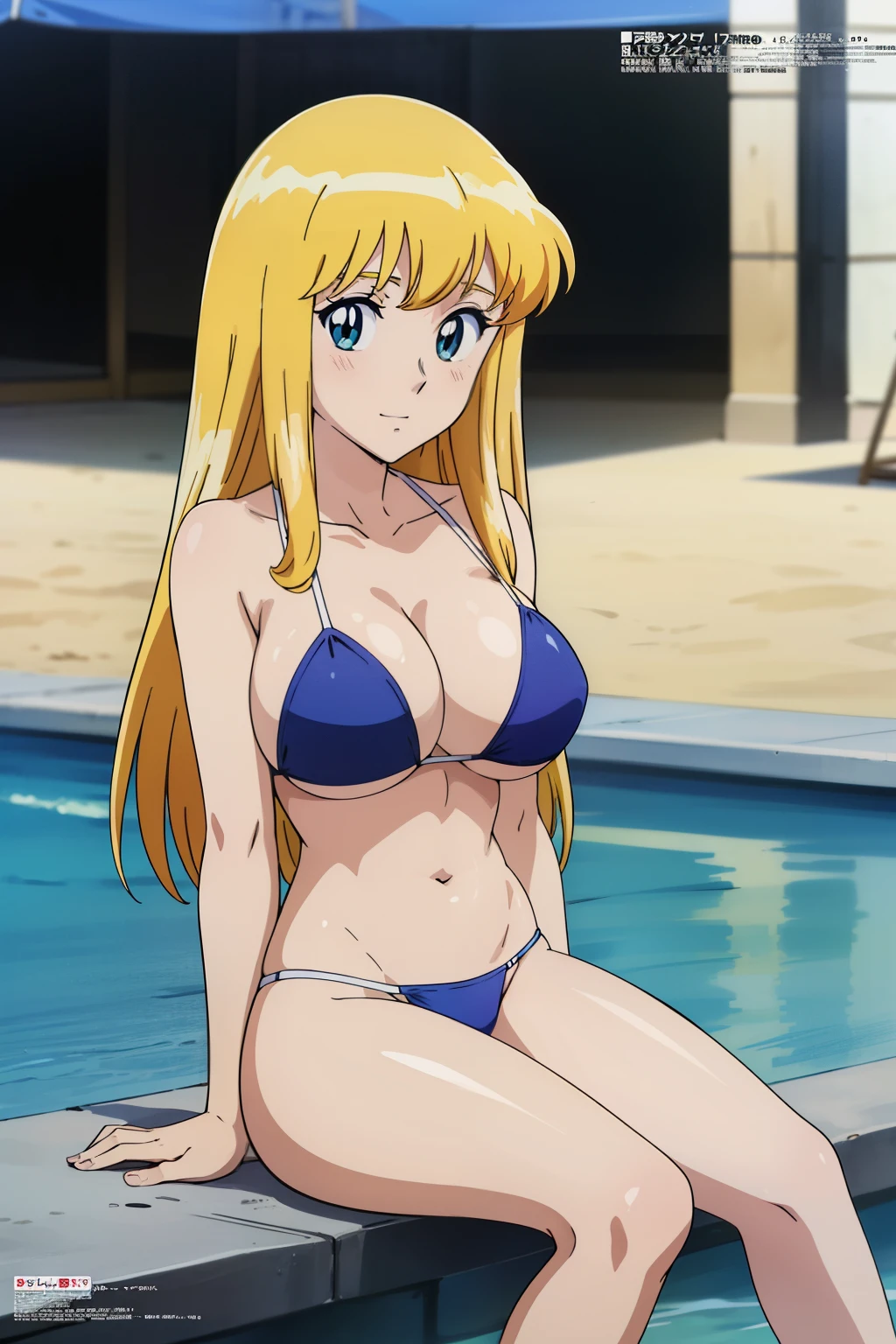 (anime cels style, Masterpiece, best quality, high resolution, anime colored, megami magazine:1.2, anime poster style, anime keyvisual, sharp, 8k, photorealistic), (beautiful eyes:1.5), reiko_aiwaifu, 1woman, milf, blond hair, long hair, (sagging huge breast), micro bikini, cleavage, (upper body:1.5), sitting, (perfect detailed anatomy, perfect arms, perfect fingers, beautiful face, perfect body, shiny skin), beach, 