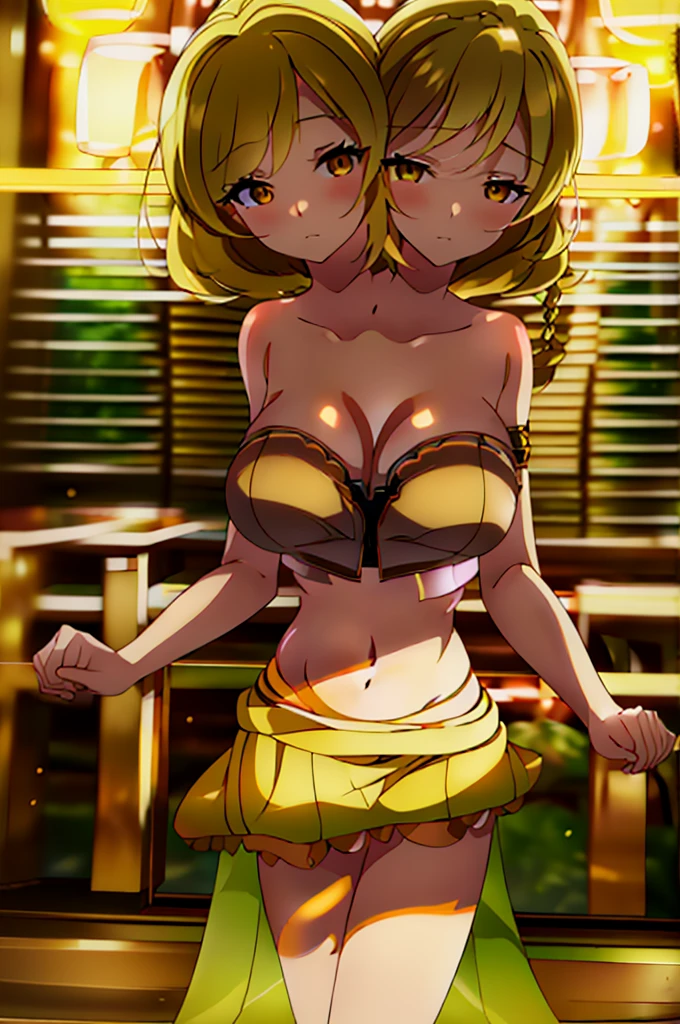 (masterpiece, best quality), best quality, (ultra-detailed), (3heads:1.5), 1girl, (shizuha aki:1.3), masterpiece, best quality, ultra quality, ultra resolution, ultra detail, red top, crop top, ((stomach)), midriff, ((groin)), red skirt, normal ears, shackles, blonde hair, very long hair, wavy hair, sidelocks, yellow-orange eyes, detailed eyes, parted lips, blonde, sweat, cute, toned belly, hand on own chest, eyelashes, (24 year old woman:1.3), (masterpiece:1.5), (best quality:1.5), (beautiful detailed eyes), extremely detailed CG, extremely delicate and beautiful, depth of field, (finely detailed face), (perfect details:1.2), (mature female:1.3), wide pelvis, slender, large veiny breast, 16k resolution, highres, very high quality, very high definition, extremely detailed, masterpiece, blonde hair, long hair, alluring presence, twin braid, short skirt, close up, big tits, young, cowboy shot,