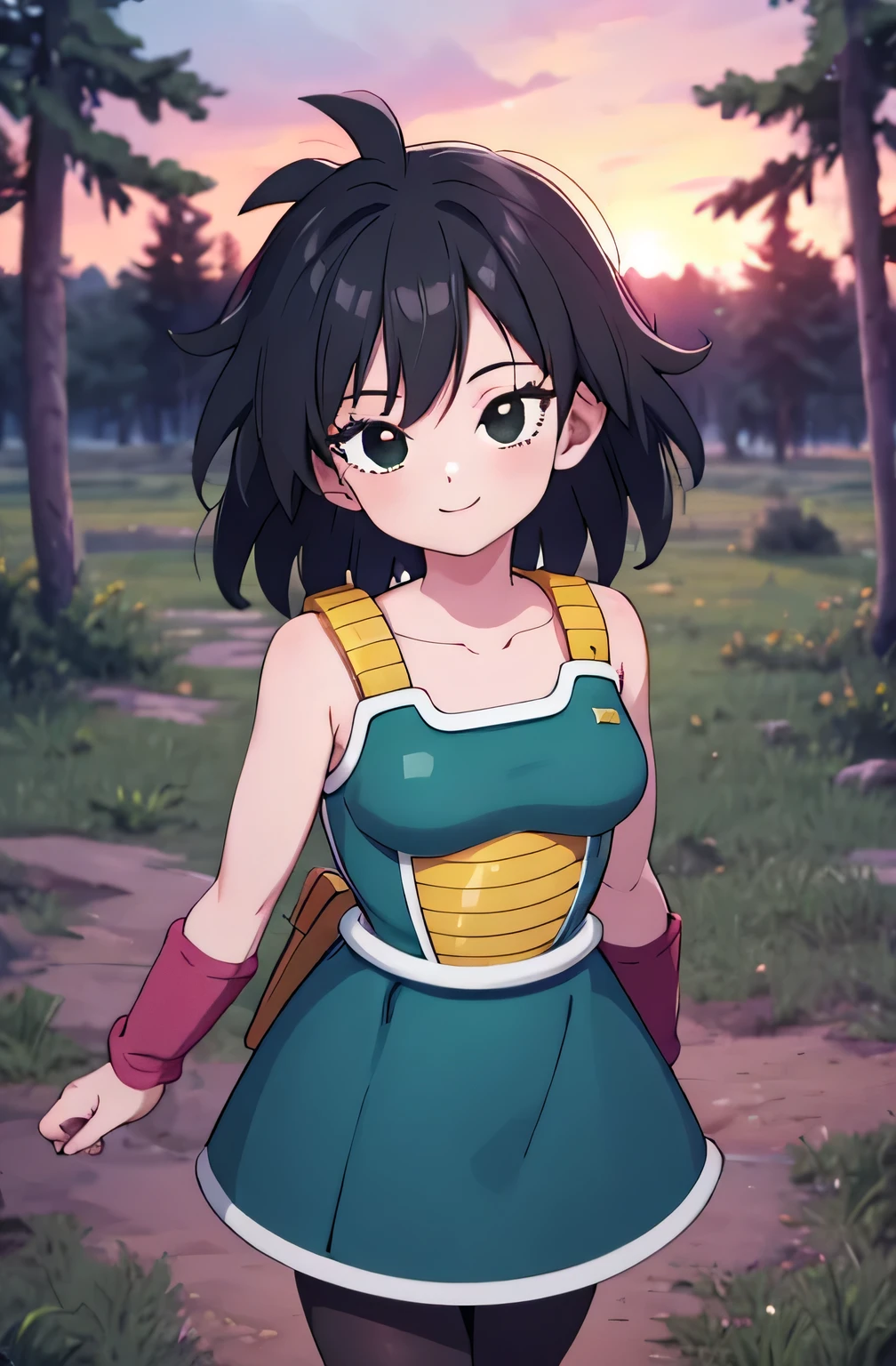 masterpiece, best quality, gine, saiyan armor, collarbone, green skirt, wristband, black pantyhose, upper body, smile, looking at viewer, field, trees, sunset sky, 1 girl, solo