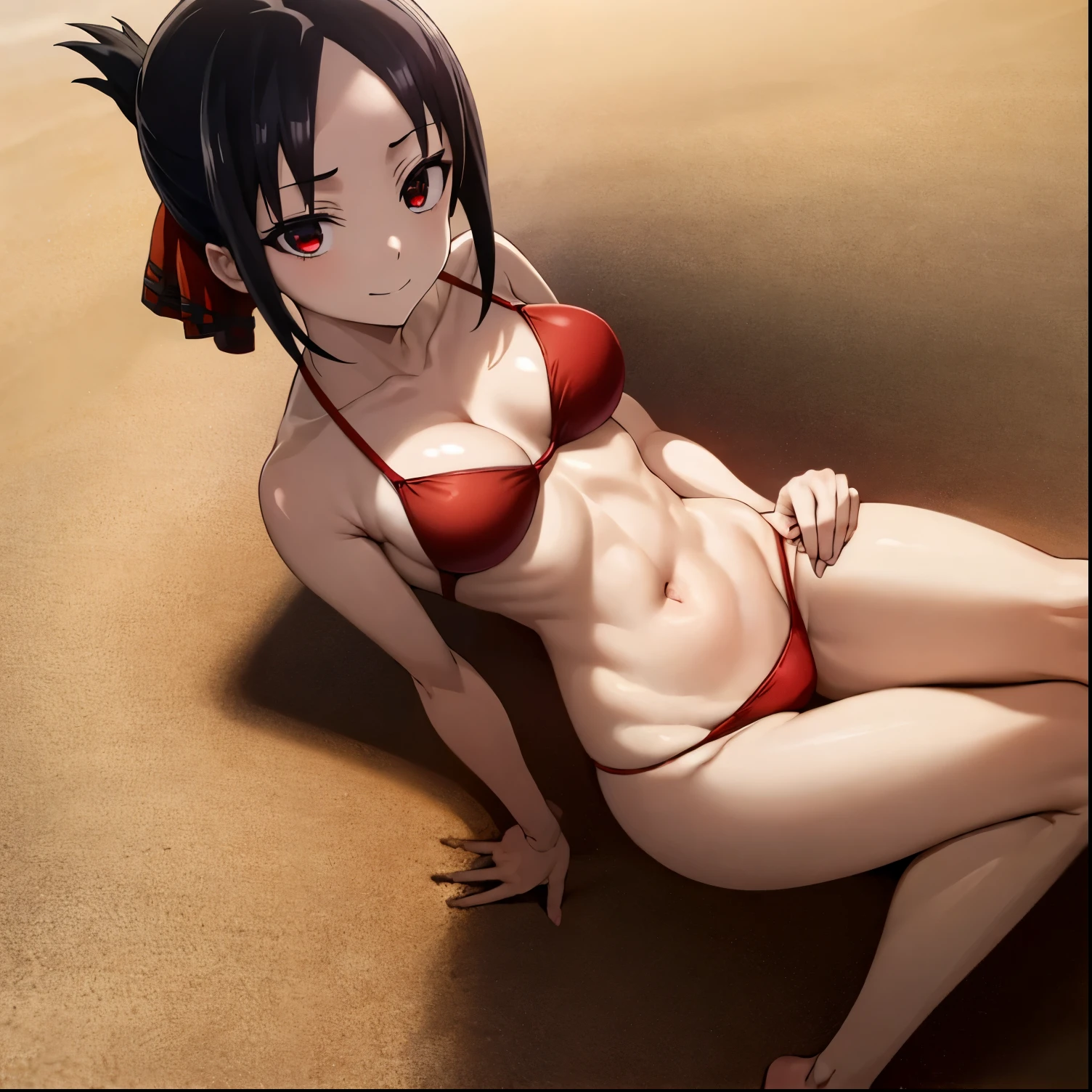 1girl,alone,kaguya shinomiya,best quality (masterpiece: 1.2),detailed,closed mouth,light smile, black hair, red eyes, red bikini, red bra, red thong, sitting in the sand, legs open, good lighting, evening, sunny, short hair, folded ponytail, hair ribbon, red ribbon, medium breasts, medium waist, wide hips, medium thighs, round butt, facing the viewer, pov (from above), (( body complete)), perfect anatomy, perfect hands