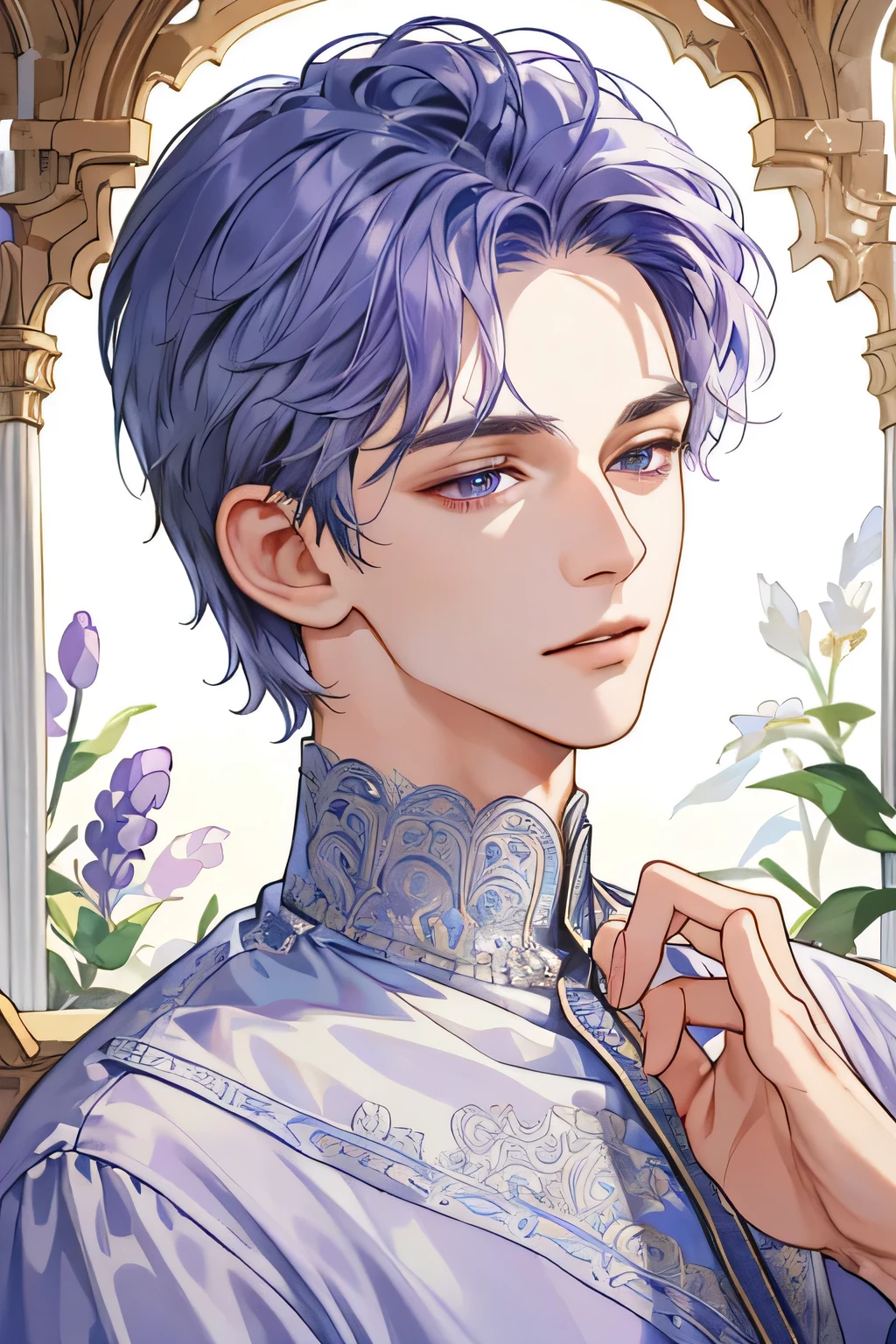 (extreamly delicate and beautiful:1.2), 8K,(masterpiece:1.0),(best_quality:1.0), 1boy, and intricate detailing, Enlarged textures, and intricate detailing, finely eye and detailed face, and intricate detailing, blue curls short hair, (closed mouths), Perfect eyes, Equal eyes, lilac purple eyes (A male god)