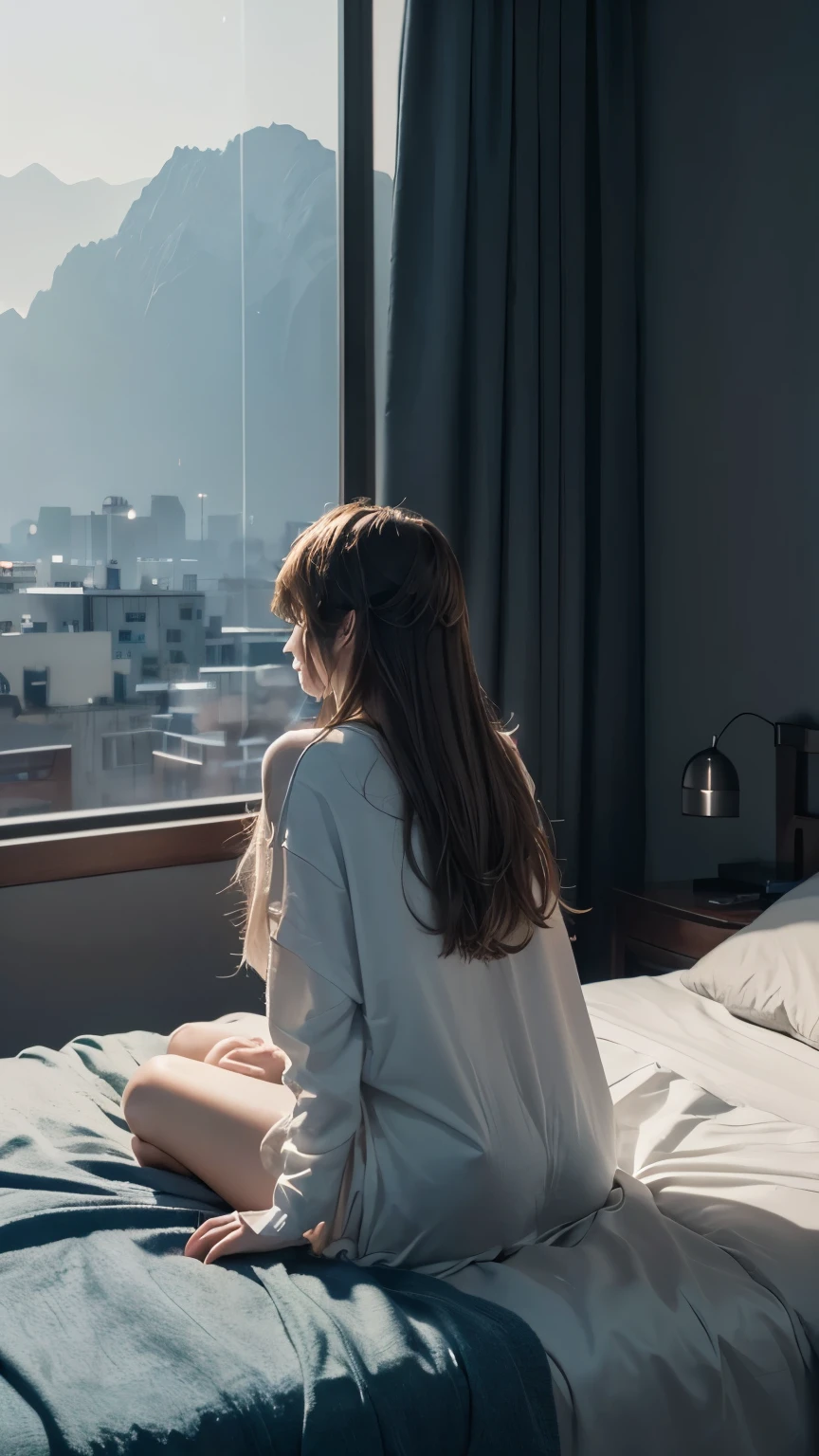 (Very detailed CG Unity 8k wallpaper, highest quality, Very detailed, Back view:1.2,In a dimly lit bedroom、My hair is messy and messy from bedtime、Early morning view、It&#39;s raining outside the window、In her underwear, just her bra and panties 、Just woke up early in the morning、Looks sleepy、The light shines on your face:1.5, Gray background, Professional Lighting), 26 year old Japanese woman. Her straight black hair is a little longer than her shoulders..、No excess curl、Clean, face-framing style。.[3] Her thin eyebrows complement her gentle brown eyes.. She has a small nose、Lips are a little plump. Photo、Her upper body is、She is photographed with beautiful light shining on her face.、She is standing wearing only a bra and panties.、She is looking out of the apartment's bedroom window.She is sitting on the bed, looking out of the window、rain is falling、room is dimly lit