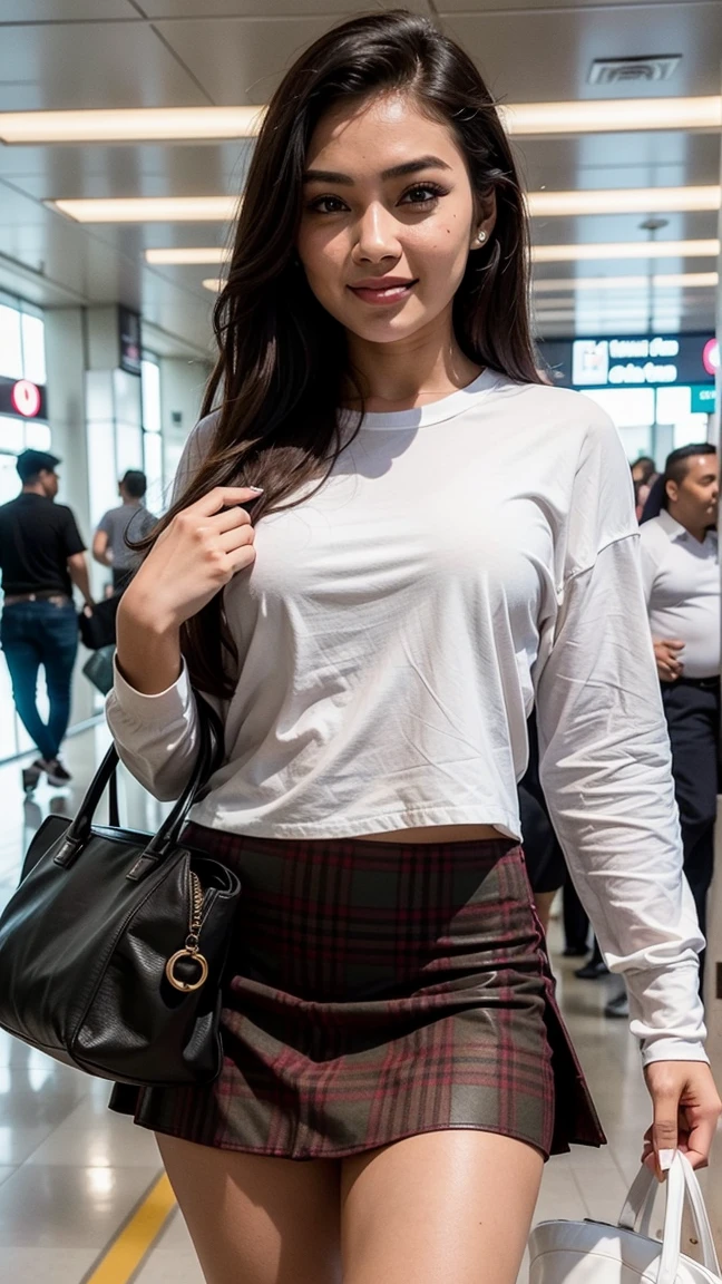 Gorgeous, cute face, happy face, indonesian 25 Yo top model woman, wearing white long sleeve t-shirt paired with tartan mini skirt, airport