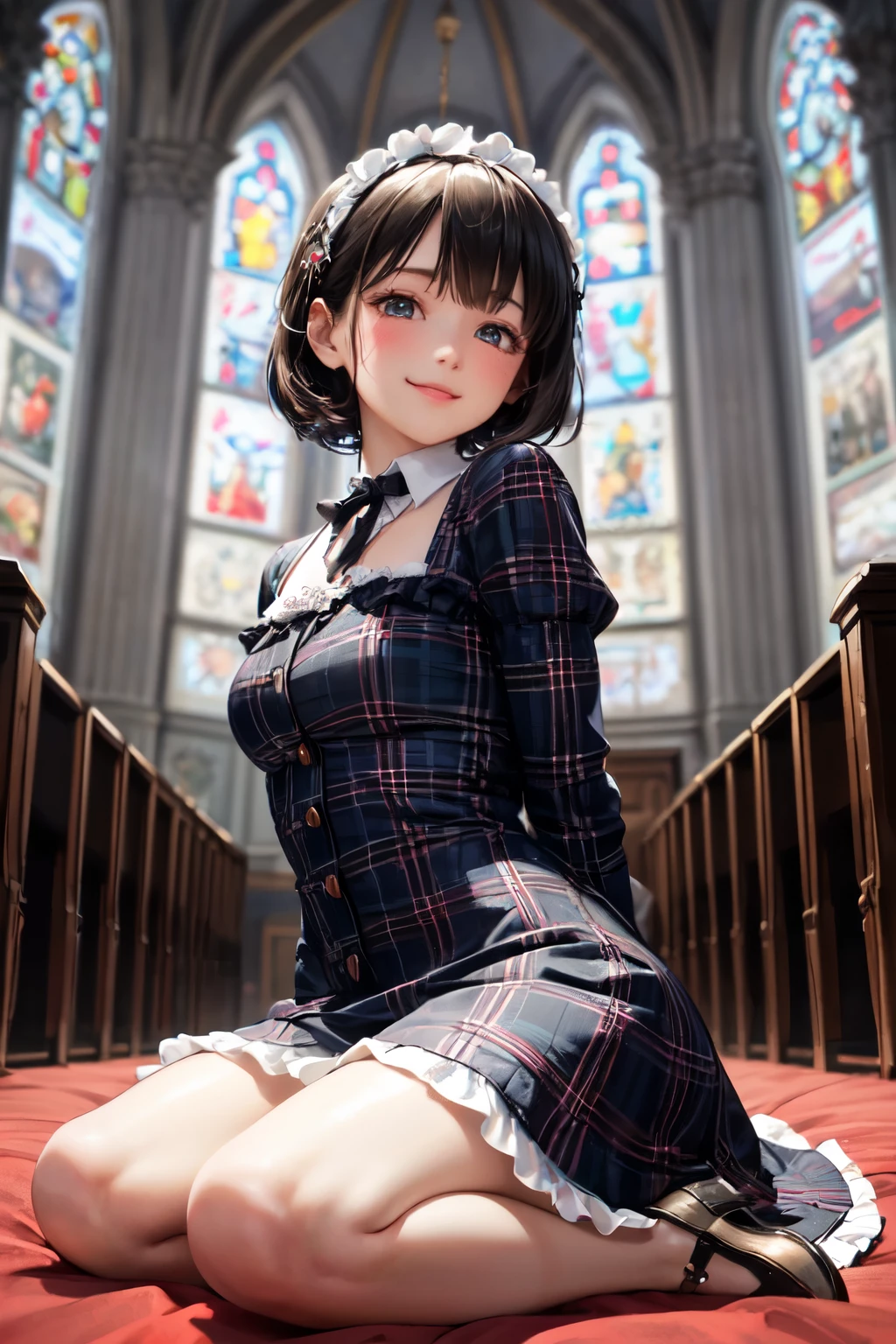 very cute and beautiful girl,(highly detailed beautiful face and eyes:1.2), (smile),blush,black hair,looking at viewer,brown plaid pattern lolita dress with detailed frills,detailed lace, sitting,spread legs,arms behind back,white panties, altar,church,indoors,detailed background, (best quality,masterpiece:1.2),intricate details,extremely detailed,high resolution, solo,cinematic lighting,dynamic angle,