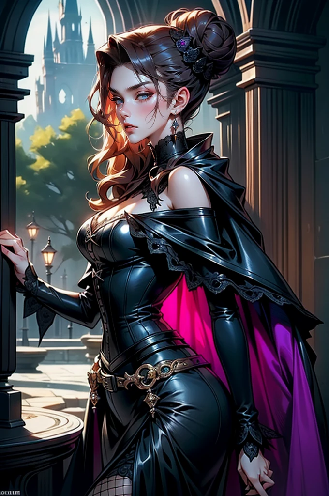(masterpiece, top quality, best quality, official art, beautiful and aesthetic: 1.2), (1 woman: 1.3), long curly dark brown hair, ((fancy bun)), Victorian style, Victorian classic, extremely detailed, portrait, looking at the viewer, solo, (full body: 0.6), detailed background, close-up, mischievous eyes, (cold midnight castle theme: 1.1), vampire, long fangs, blood on chin, huge lips, charlatan, mischievous smile, mysterious, being seductive on the balcony, revealing gothic dress, extremely tight bodice, black costume, magenta skirts, off-the-shoulder, long sleeves, loose sleeves, black leather , cape, corset, black dress, fishnets, black high boots, buckles, straps, bags, glowing blood magic energy, dark magenta fabric, silver trim, black leather, extremely slim, slim waist, slim hips, medieval background (gothic castle exterior: 1.1), nocturnal, dark and mysterious lighting, shadows, magical atmosphere, Dancing lightly. backwadrs, Looking back. Very sexy, with chin resting on shoulder, abigail larson art style, perfect fingers