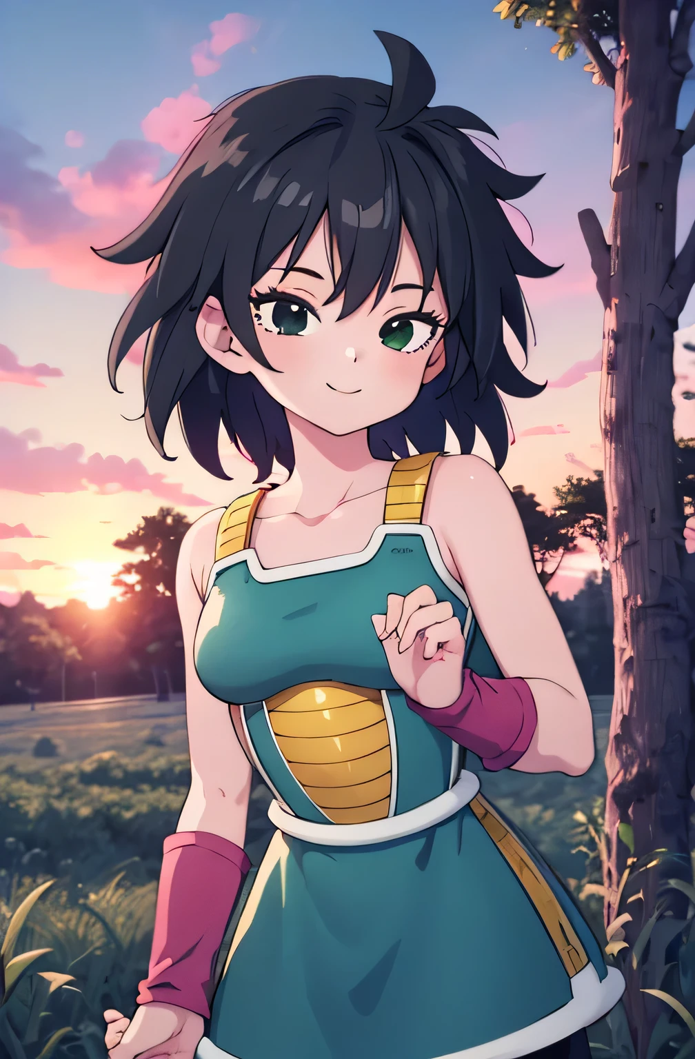 masterpiece, best quality, gine, saiyan armor, collarbone, green skirt, wristband, black pantyhose, upper body, smile, looking at viewer, field, trees, sunset sky, 1 girl, solo