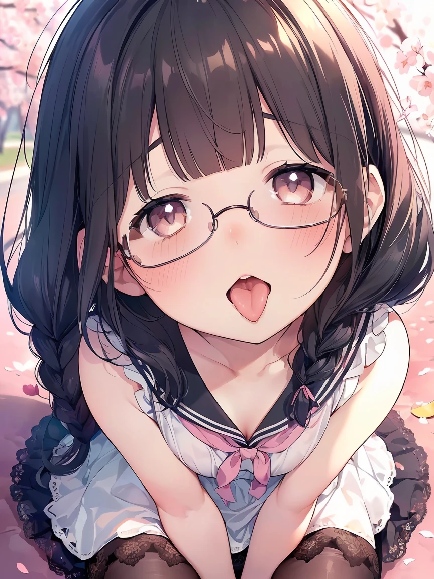 Very detailed, highest quality, High resolution, Moe Anime, ((A cute elementary school girl with black hair and droopy eyes)), ((Wearing large round glasses:1.4)), (Baby Face), Cute eyes, Detailed eye depiction, Sparkle in the eyes, View your viewers, Pale skin, (Big eyes:1.4, Droopy eyes:1.4, Fatty face:1.4), smile, Focus on the face, In the park with cherry blossoms falling, Sitting, (Extreme close up of tongue), (((From above))), Open your mouth, (((Face only:1.3))), ((white lace sleeveless dress)), Bright Eyes, Light from the front, (Put your hands between your legs:1.4), large and long tongue, Cleavage, Braided Hair, Pink ribbon
