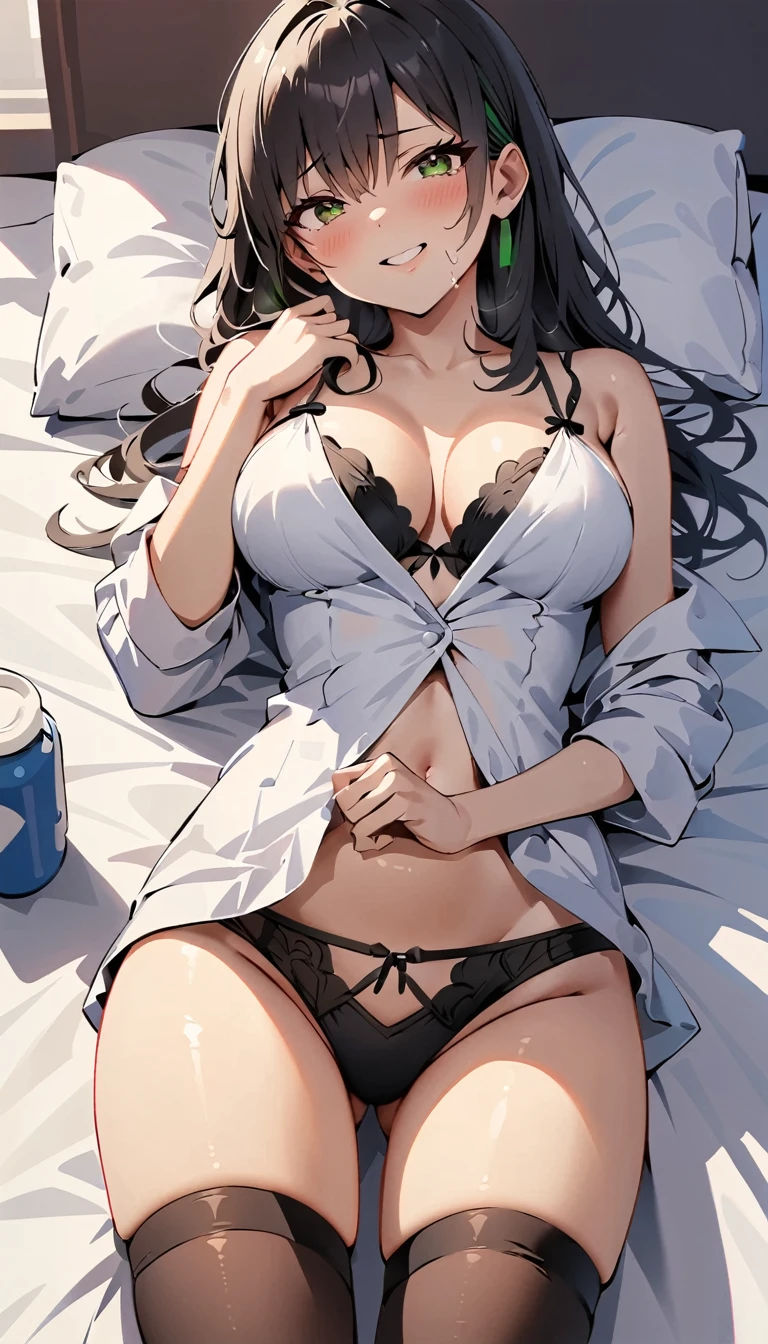 (high quality, 8k, 4K, High Contrast, masterpiece:1.2, 最high quality, Best aesthetics), , lingerie, Very detailed, Seductive and erotic girl, false smile, Forced smile,Shadowy Face,blush,Cuckold,Open underwear,Embarrassed,(Normal milk, Silver fur), Focus on the face, Focus on the face, Complex eyes,, laced , Hotel Bed, Lying on your back on the bed, Viewers looking up, Open-chested clothing,Black Hair,Satin underwear