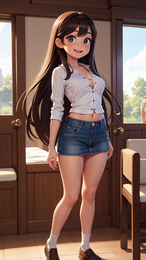 Ultra realistic , girl, obra maestra, mejor calidad, alta calidad, defined, detailed, HD, (piel morena), ojos definidos, ojos cafes intensos, long eyelashes, small mouth, sonrisa, :D, very long hair, pelo liso, pelo oscuro, cuerpo reducido, bosom barely contained, big breasts, sexy, posando foto, estudio, mini skirt rosa, sin sostenes, no bra, excitada, pezones erectos, libros, sentada, leyendo, nice view, full body, nice body, pink, camisa blanca, camisa ajustada, abierto, mojada, sudada, caliente, tight, sonrojada, nice legs, no socks, sin flequillo, peinada hacia atras, back view