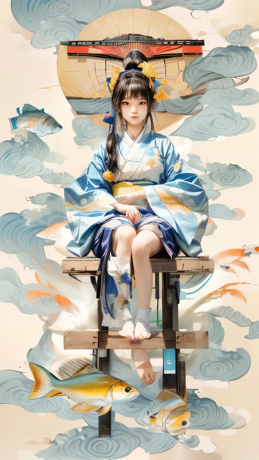 A Japanese girl has one foot on a wooden platform.。