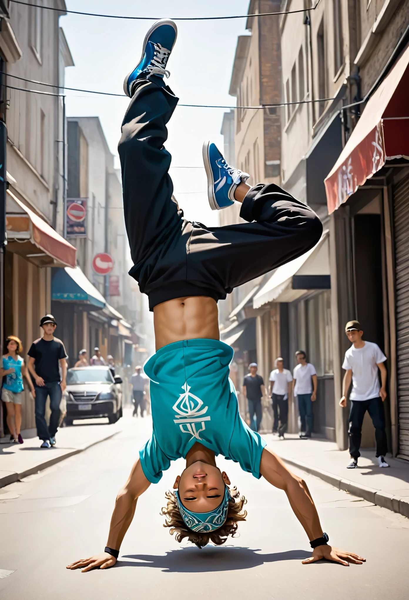 a man breakdancing in the street, wearing a headdress and upside down b.boy