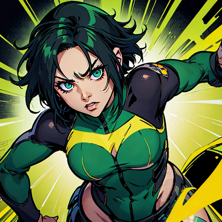 Una chica de tez mestiza, cabello negro corto y rizado, ojos verdes neon y mirada fuerte y uniforme de boku no heroe academia