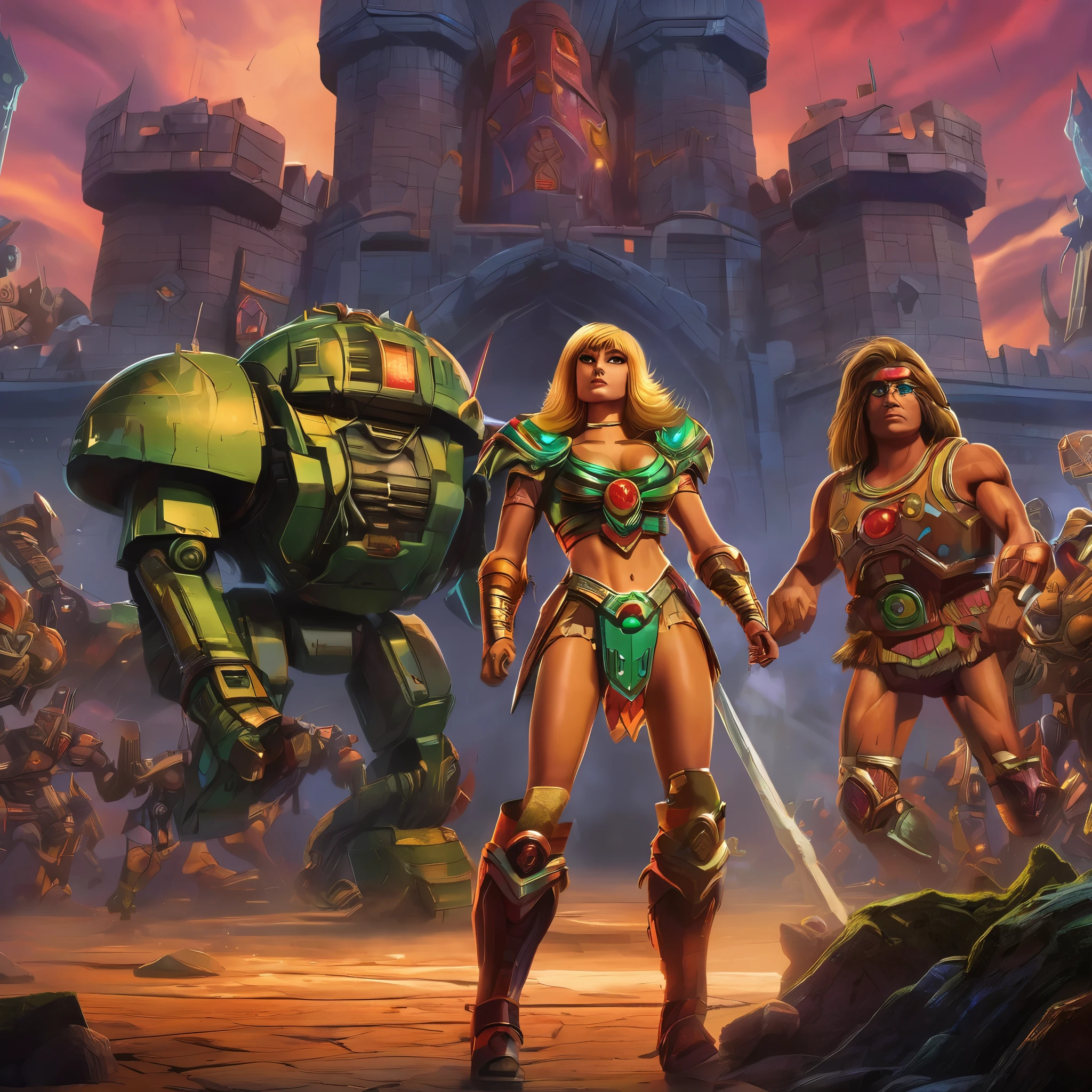 best quality,4k,8k,highres,masterpiece:1.2,ultra-detailed,realistic:1.37,Milana Aleksandrovna Vayntrub is a sexy villain leading an army of robots and monsters in the He Man universe. She is standing in front of Castle Grayskull, the stronghold of power. The atmosphere is intense with dark and dramatic lighting, adding a sense of mystery and danger. Milana's eyes are piercing and captivating, drawing you into her evil allure. She has beautifully detailed lips, exuding her confidence and seduction. Her long eyelashes flutter with mischief as she commands her army to attack. The robots and monsters behind her are menacing and powerful, ready to follow her every command. The scene is rendered in a medium that amplifies the intensity of her villainous presence, combining the elements of illustrations and 3D rendering. The colors are rich and vibrant, with a darker color palette to create a sinister ambiance. The composition is dynamic, capturing the action and chaos of the assault on Castle Grayskull. This prompt guarantees the generation of a high-quality, detailed, and realistic masterpiece that brings the He Man universe to life.