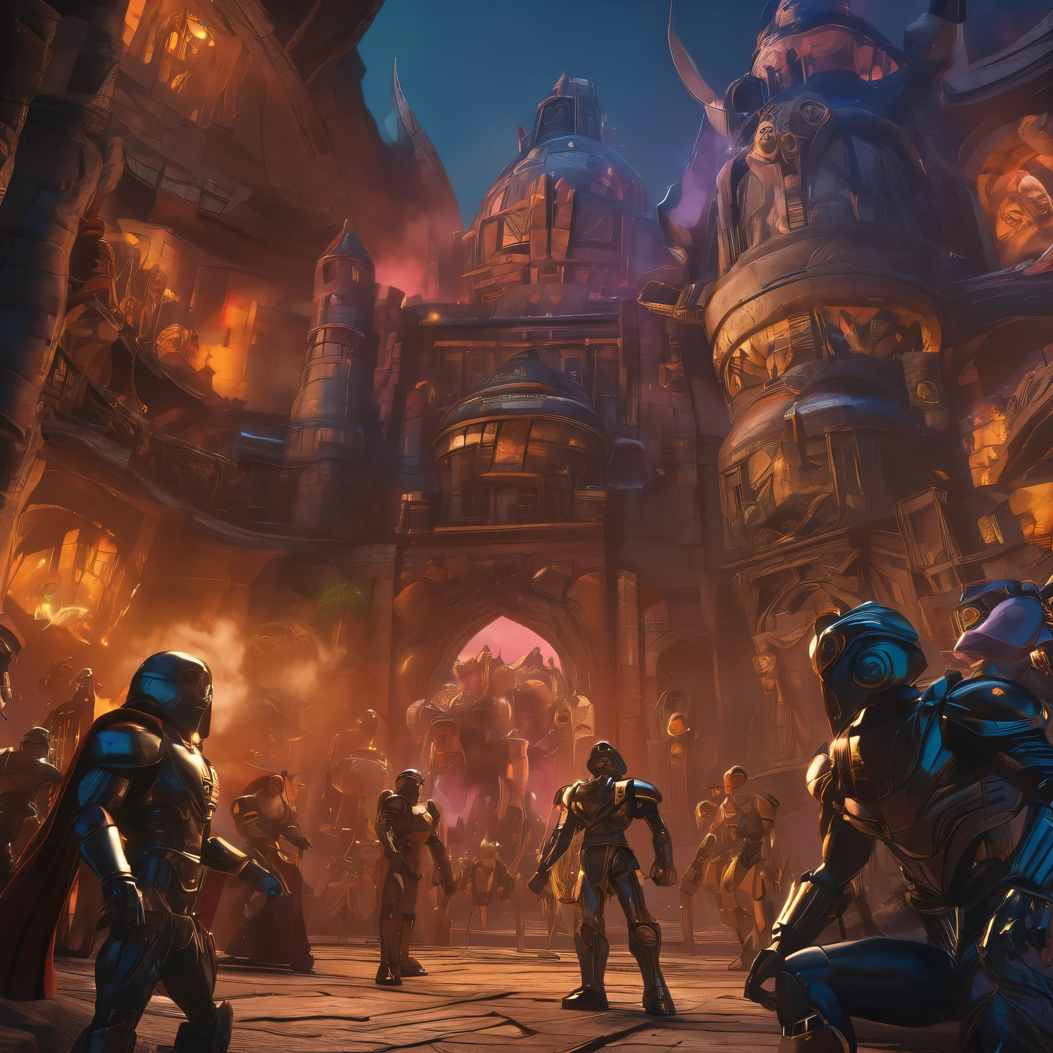 best quality,4k,8k,highres,masterpiece:1.2,ultra-detailed,realistic:1.37,Milana Aleksandrovna Vayntrub is a sexy villain leading an army of robots and monsters in the He Man universe. She is standing in front of Castle Grayskull, the stronghold of power. The atmosphere is intense with dark and dramatic lighting, adding a sense of mystery and danger. Milana's eyes are piercing and captivating, drawing you into her evil allure. She has beautifully detailed lips, exuding her confidence and seduction. Her long eyelashes flutter with mischief as she commands her army to attack. The robots and monsters behind her are menacing and powerful, ready to follow her every command. The scene is rendered in a medium that amplifies the intensity of her villainous presence, combining the elements of illustrations and 3D rendering. The colors are rich and vibrant, with a darker color palette to create a sinister ambiance. The composition is dynamic, capturing the action and chaos of the assault on Castle Grayskull. This prompt guarantees the generation of a high-quality, detailed, and realistic masterpiece that brings the He Man universe to life.