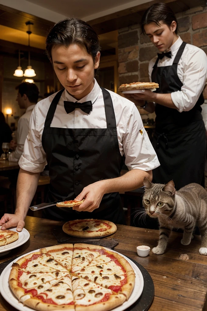 Cats at restaurant. Cat waiter serves a pizza to a cat which is going to share pizzas with kittens.
