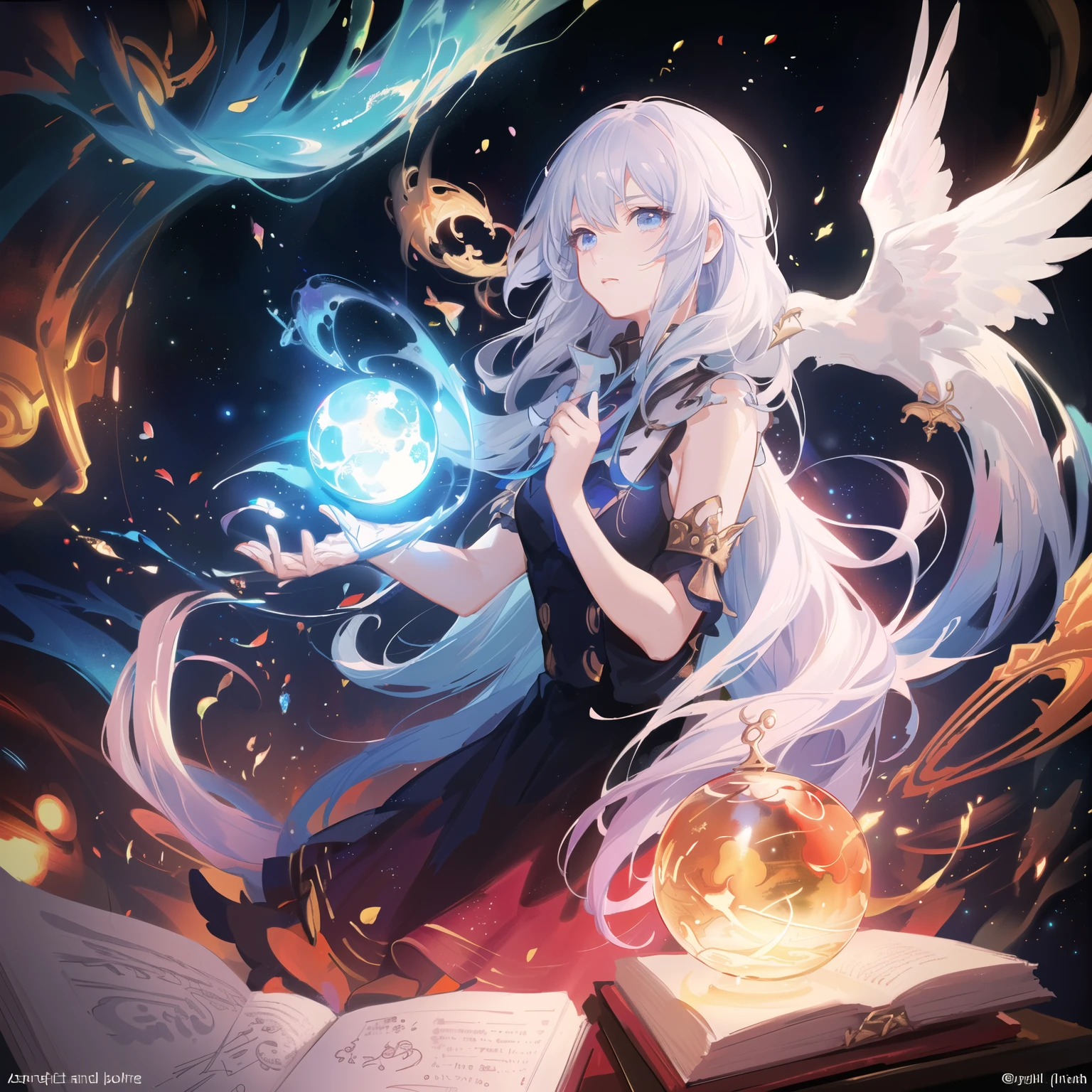 White haired anime girl holding a magic ball and a book, Art Station Pixiv Trends, Beautiful Celestial Magician, Art Station Art Jam in Art Station Pixiv, Anime fantasy illustration, Anime fantasy artwork, Fire spell art, Digital art on pixiv, Gubes at Pixiv Art Station, Ksart Krentz Key Art Female, White-haired God, The eyes are firm