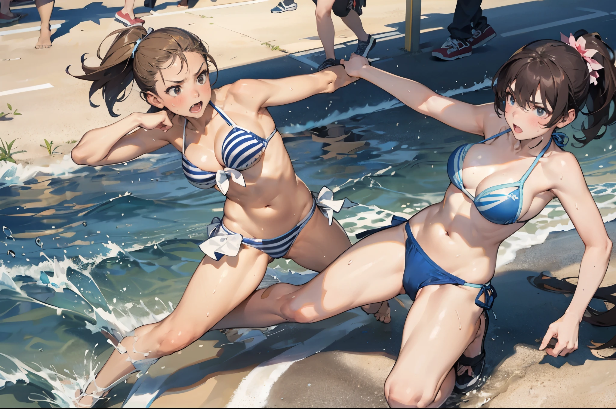 (super flat, flat shading), Honors Type, Really blushing, 17 years old, (street fighting:1.5), 2girls, (fighting:1.5), (high kick:1.5),wearing white (high-cut bikini swimwear:1.5), wedgie:1.5, cameltoe:1.7, sports shoes, ponytail brown hair, sweaty healthy body, sweaty soaking wet full body, bare legs, navel, ultra realistic, breeze, in crowded public beach,