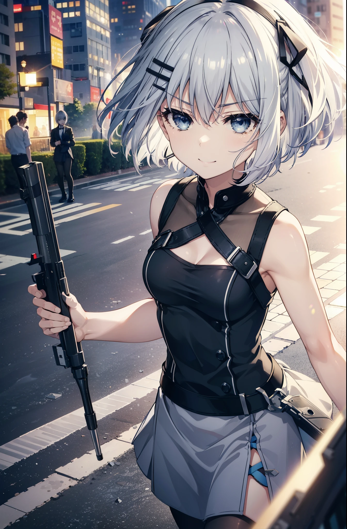 origamitobiichi, Origami Tobiichi Casual, short hair, blue eyes, hair ornaments, Gray Hair, Sleeveless dress,Long skirt,Black Pantyhose,Stiletto heels,happy smile, smile, Open your mouth,Real Summer,Daytime,sunny,Light of the sun,As if your whole body is in the illustration,
break ,
break outdoors, city,construction area, crowd, people々々,
break looking at viewer, 全身
break (masterpiece:1.2), highest quality, High resolution, unity 8k wallpaper, (shape:0.8), (Beautiful details:1.6), Highly detailed face, Perfect lighting, Extremely detailed CG, (Perfect hands, Perfect Anatomy),