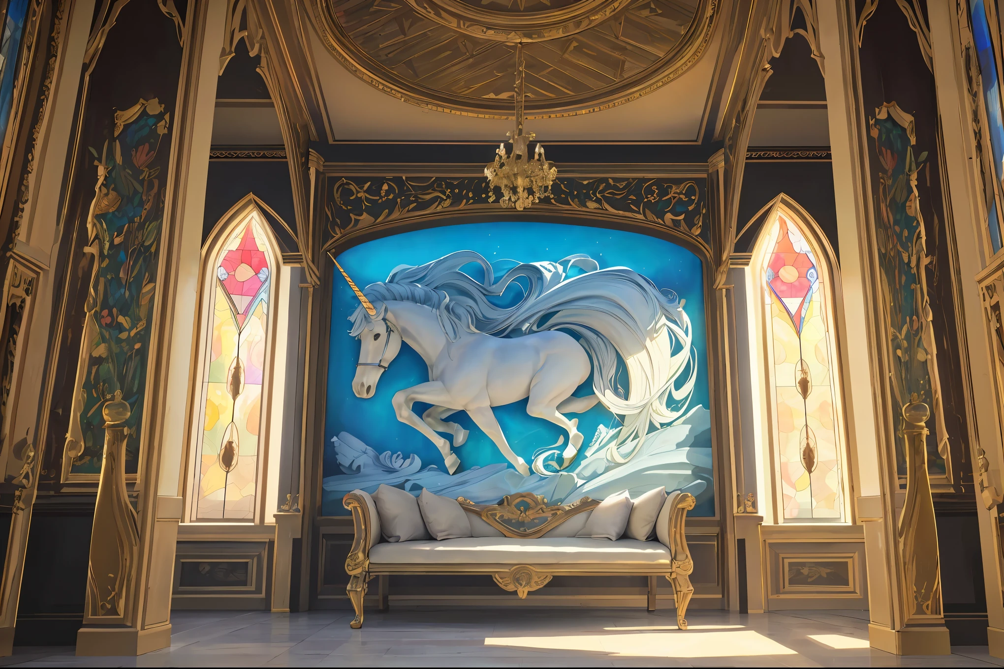 (best quality,4k,8k,highres,masterpiece:1.2),ultra-detailed,(realistic,photorealistic,photo-realistic:1.37),castle,dream-like,floating,magic,ancient,mysterious,rich details,grand,exquisite,soft lighting,vibrant colors,dreamy atmosphere,castle spires,stone texture,enchanting garden surrounding with unicorn and fairy, luxurious interior of the castle, intricate murals, dreamy light passing through stained glass windows