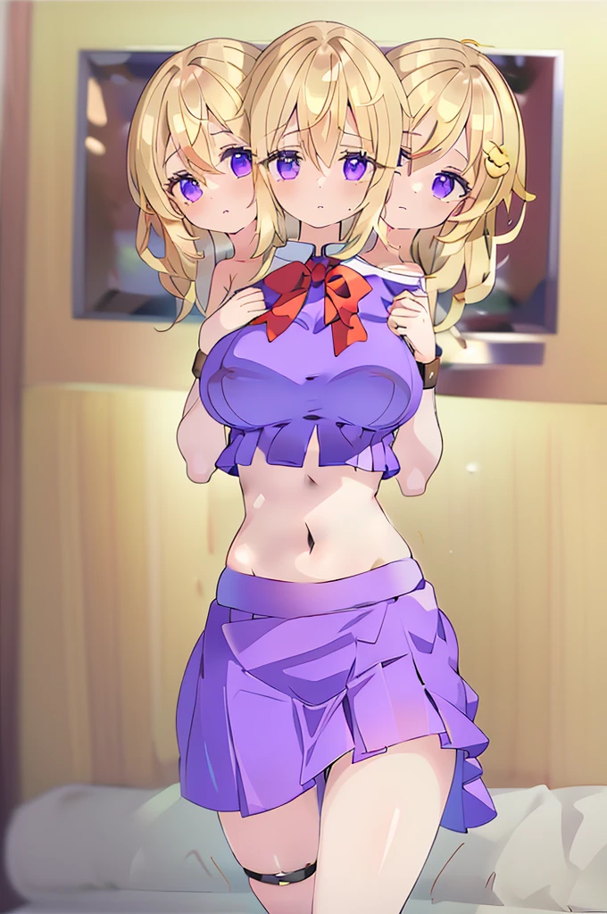 (masterpiece, best quality),best quality, (ultra-detailed), (3heads:1.5), 1girl, (maribel hearn:1.3), masterpiece, best quality, ultra quality, ultra resolution, ultra detail, purple top, crop top, ((stomach)), midriff, ((groin)), purple skirt, frilled skirt, miniskirt, normal ears, shackles, blonde hair, very long hair, wavy hair, sidelocks, purple eyes, parted lips, single horn, sweat, cute, toned belly, hand on own chest, eyelashes, (24 year old woman:1.3), (masterpiece:1.5), (best quality:1.5), (beautiful detailed extremely detailed CG, extremely delicate and beautiful, depth of field, (finely detailed face), (perfect details:1.3), (mature female:1.3), wide pelvis, slender, large veiny breast, 16k resolution, highres, high quality, high definition, extremely detailed, masterpiece, best quality, blonde hair, long hair, alluring presence, twin braid, short skirt, close up, big , young, mob cap, white headwear, red bow on hat, skirt hold, hair between the eyes, nsfw, open belly, midriff, cowboy shot, looking at viewer,
