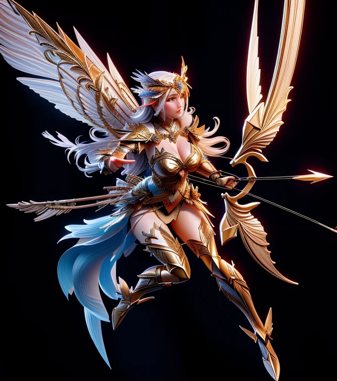 Close-up of a woman holding a bow and arrow and wings, angel knight girl, Huge breasts，cleveage，winged archer, 3D Fantasy Art,Fantasy Characters, Valkyrie, Fairy,Miracle in，goddess