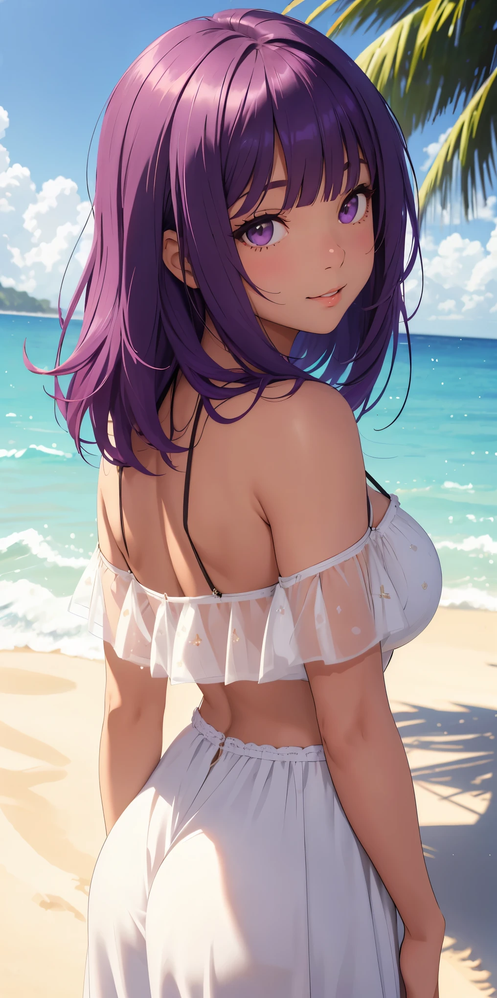 1girl,best quality, masterpiece, high resolution, solo, HD resolution, best quality, good quality, {matou_sakura_fatestaynightufotable:1.15}, purple_hair, long_hair, ribbon, hair_ribbon, purple_eyes, 1 girl, short purple skirt, skirt, purple miniskirt, pretty thighs , white bra, pretty white bra, short bra, big breasts, long_hair, empty_eyes, sea, sand, beach, showing underwear, upskirt
