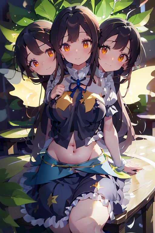 (masterpiece, best quality), best quality, (ultra-detailed), (3heads:1.5), 1girl, (star sapphire:1.3), masterpiece, best quality, ultra quality, ultra resolution, ultra detail, white top, crop top, ((stomach)), midriff, ((groin)), open midriff, white and blue skirt, miniskirt, normal ears, shackles, dark brown hair, very long hair, wavy hair, sidelocks, yellow eyes, detailed eyes, parted lips, fairy wings, sweat, cute, open belly, toned belly, hand on own chest, eyelashes, (24 year old woman:1.3), (masterpiece:1.5), (best quality:1.5), (beautiful detailed), extremely detailed CG, extremely delicate and beautiful, depth of field, (finely detailed face), (perfect details:1.2), (mature female:1.3), wide pelvis, slender, large veiny breast, 16k resolution, highres, high quality, high definition, extremely detailed, masterpiece, dark brown hair, long hair, alluring presence, braid, short skirt, miniskirt, close up, big tits, young, blue ribbon attached to the hair, butterfly-shaped wings, open belly, midriff, nsfw, bare stomach,