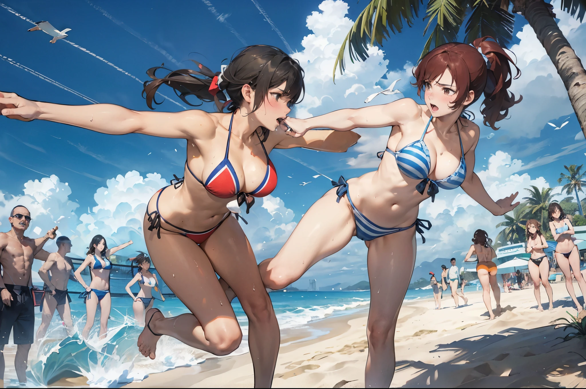 (super flat, flat shading), Honors Type, Really blushing, , (street fighting:1.5), 2girls, (fighting:1.5), (power wave:1.5),wearing white (high-cut bikini swimwear:1.5), wedgie:1.5, cameltoe:1.7, sports shoes, ponytail brown hair, sweaty healthy body, sweaty soaking wet full body, bare legs, navel, ultra realistic, breeze, in crowded public beach, 