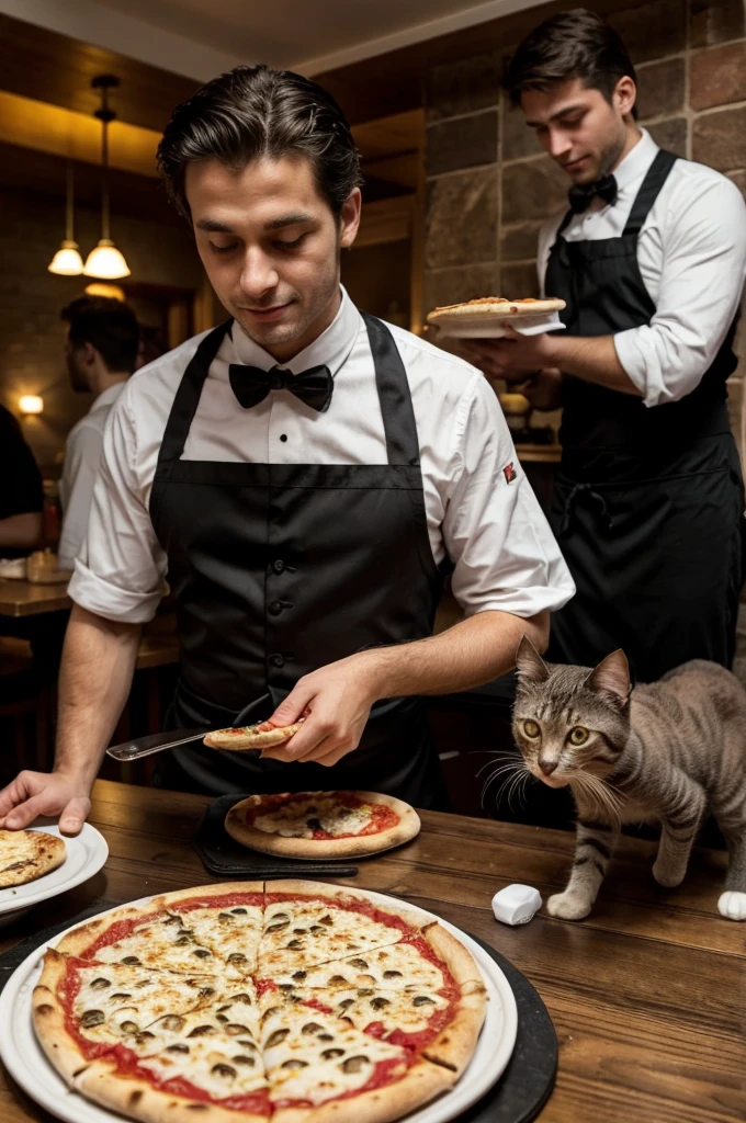 Cats at restaurant. Cat waiter serves a pizza to a cat which is going to share pizza with kittens.