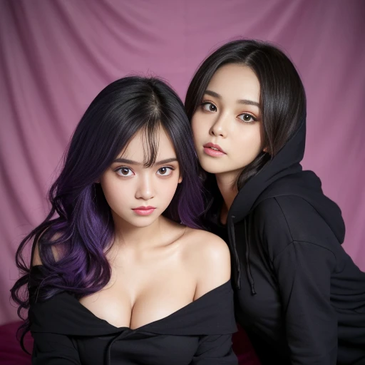 off shoulder, (twins womans) , deep cleavage, long hair, black tanktop style, wrapped in dirty rags , black shirt, purple haired , big boob, absurd, beautiful face , beautiful eyes, perfext body. Full body shoot , sitting , happy , squirt , indonesian , bedroom background